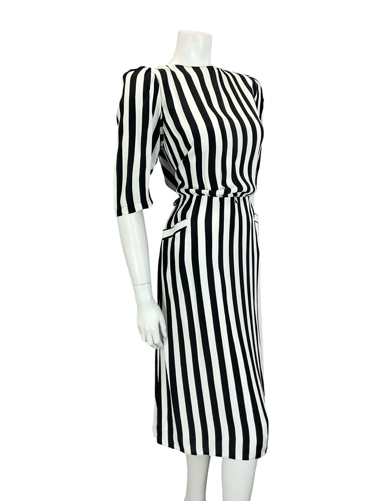 VTG 60S 70S BLACK WHITE STRIPED BLOUSON 1/2 SLEEVE MIDI DRESS W/ POCKETS M 12 14