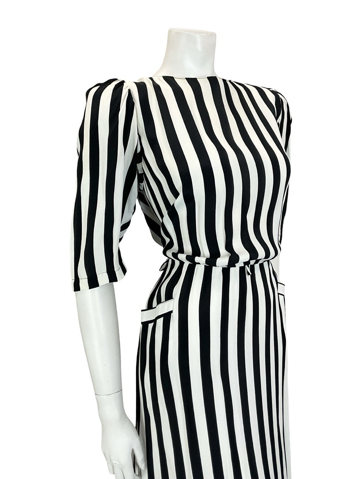 VTG 60S 70S BLACK WHITE STRIPED BLOUSON 1/2 SLEEVE MIDI DRESS W/ POCKETS M 12 14
