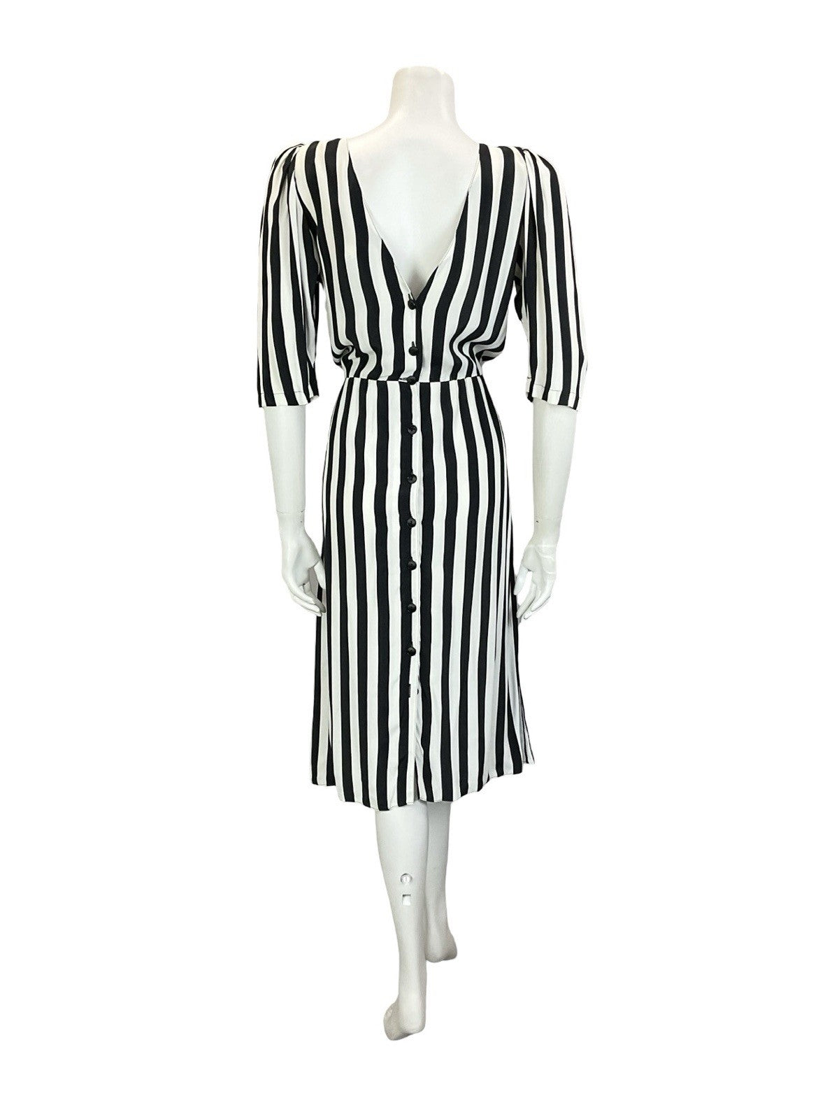 VTG 60S 70S BLACK WHITE STRIPED BLOUSON 1/2 SLEEVE MIDI DRESS W/ POCKETS M 12 14