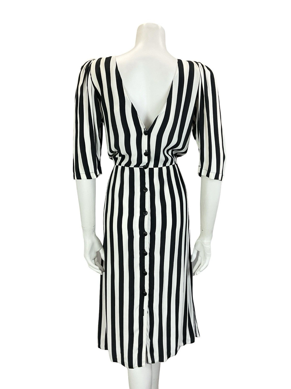 VTG 60S 70S BLACK WHITE STRIPED BLOUSON 1/2 SLEEVE MIDI DRESS W/ POCKETS M 12 14