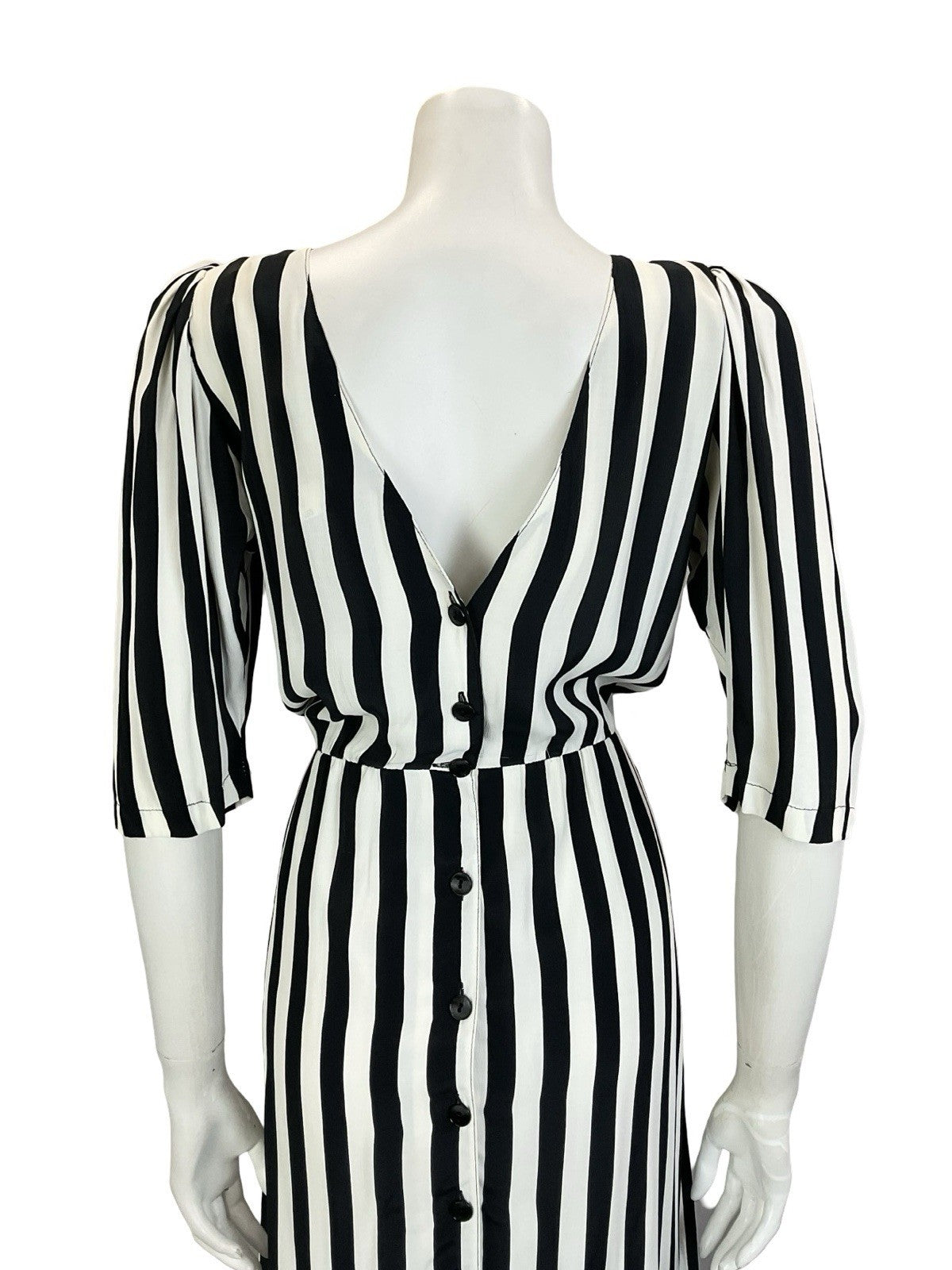 VTG 60S 70S BLACK WHITE STRIPED BLOUSON 1/2 SLEEVE MIDI DRESS W/ POCKETS M 12 14
