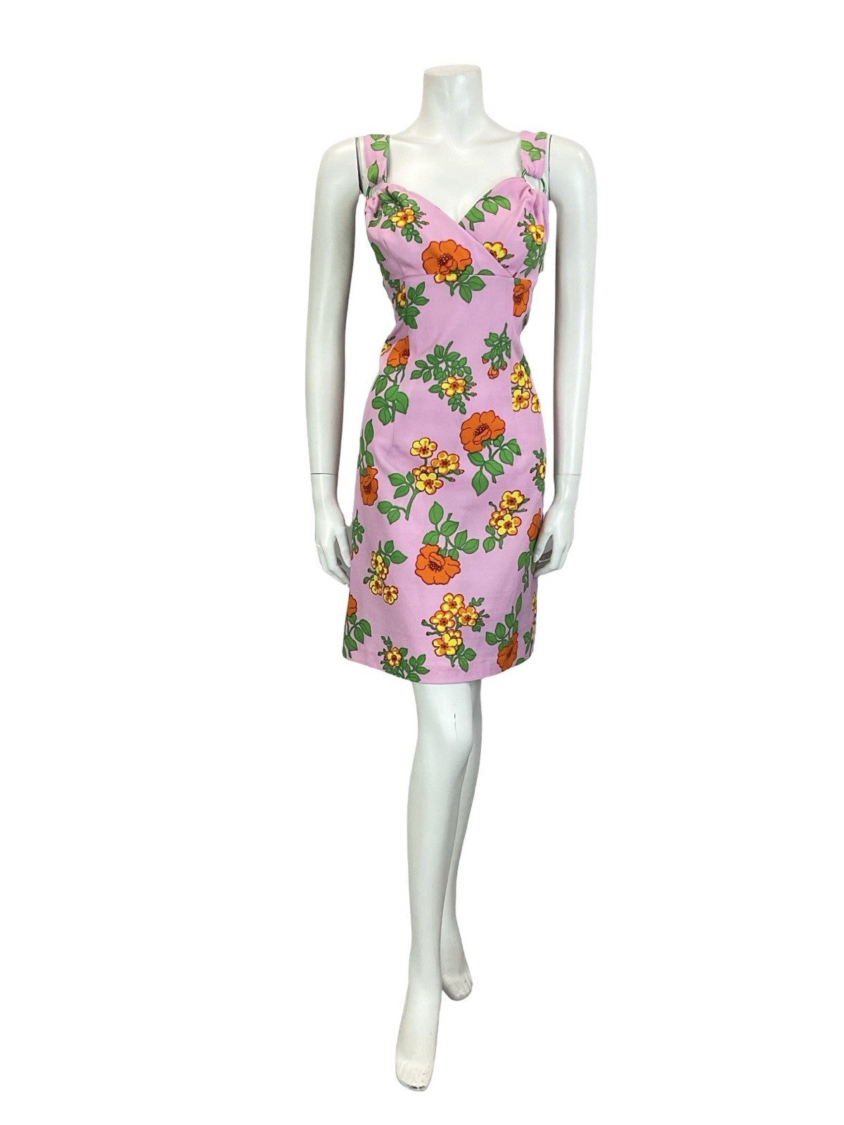 VTG 60S 70S PINK ORANGE YELLOW GREEN SWEETHEART FLORAL PLUNGE EMPIRE DRESS 14