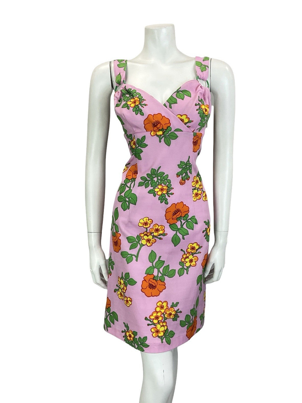VTG 60S 70S PINK ORANGE YELLOW GREEN SWEETHEART FLORAL PLUNGE EMPIRE DRESS 14