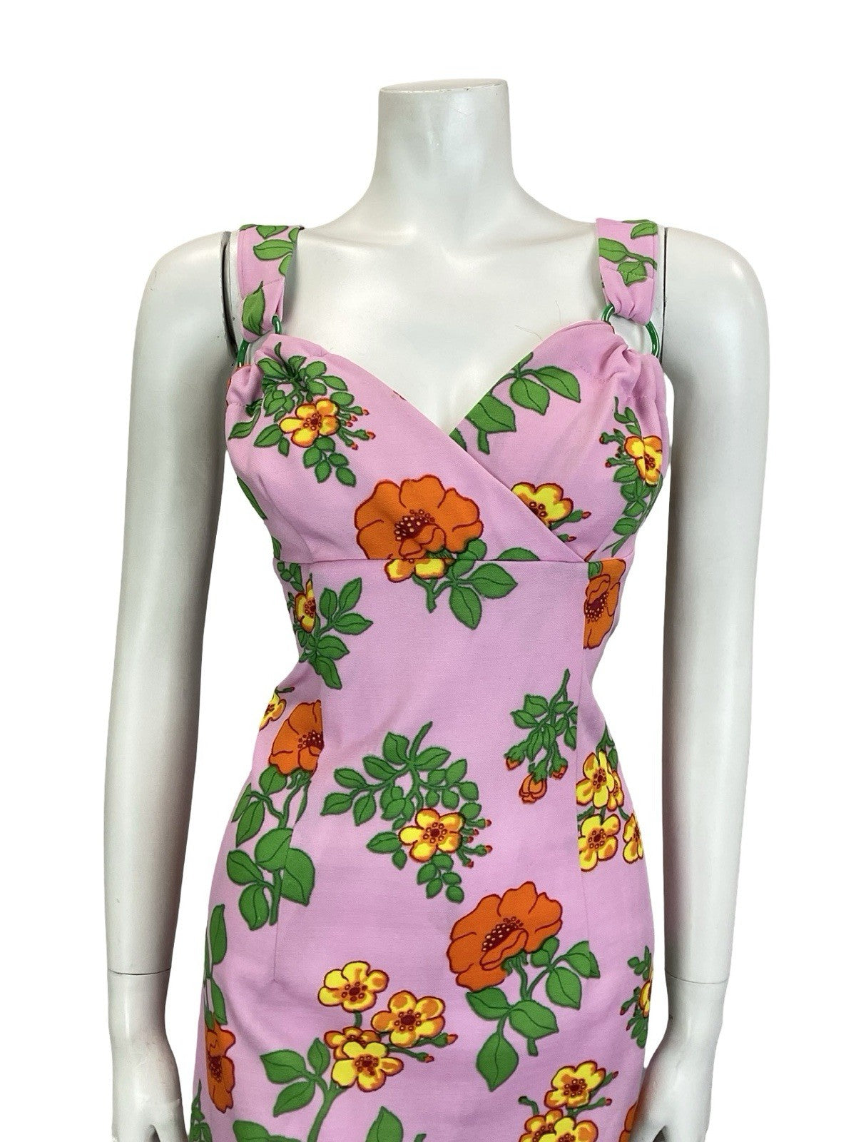 VTG 60S 70S PINK ORANGE YELLOW GREEN SWEETHEART FLORAL PLUNGE EMPIRE DRESS 14