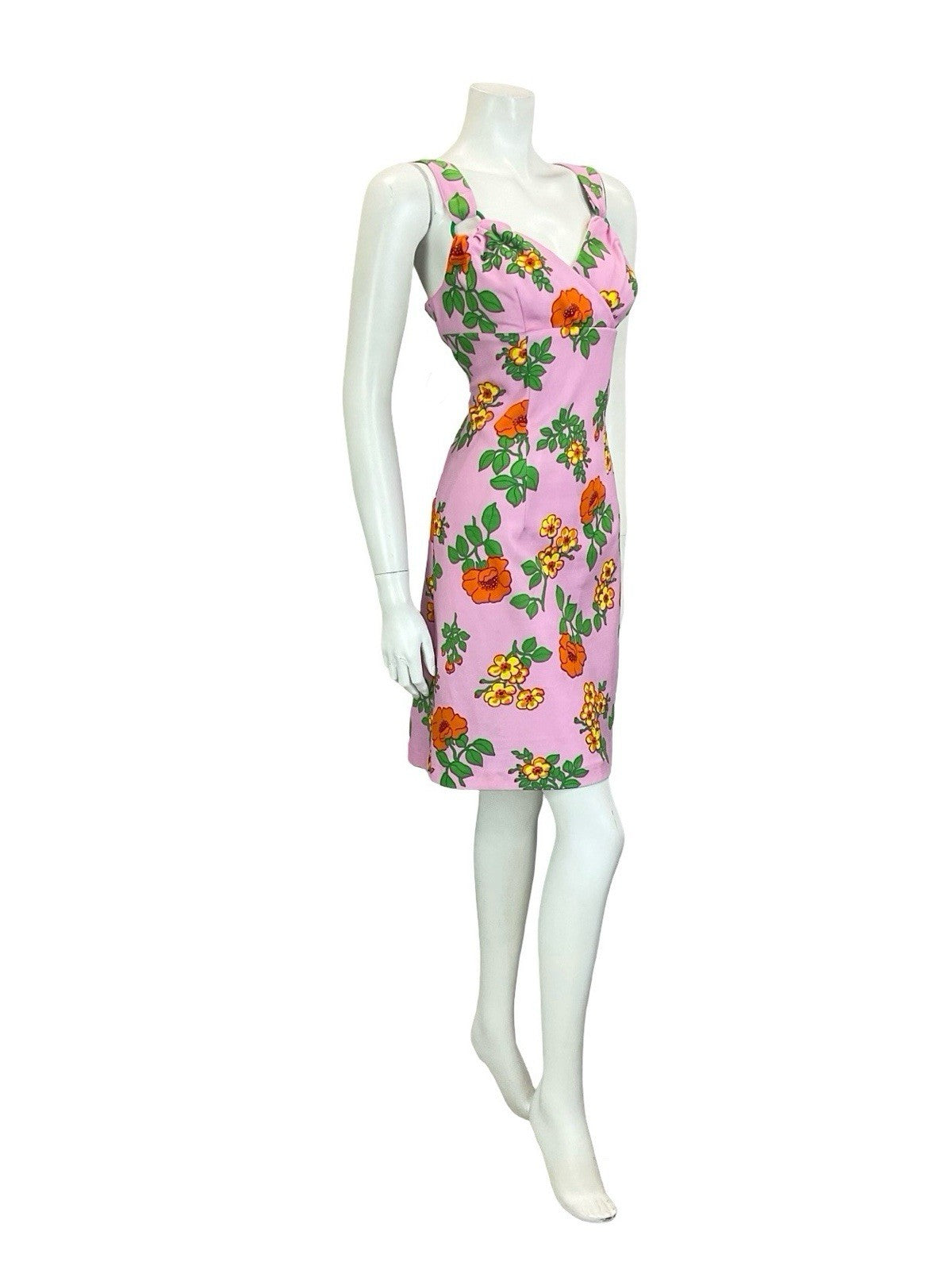 VTG 60S 70S PINK ORANGE YELLOW GREEN SWEETHEART FLORAL PLUNGE EMPIRE DRESS 14