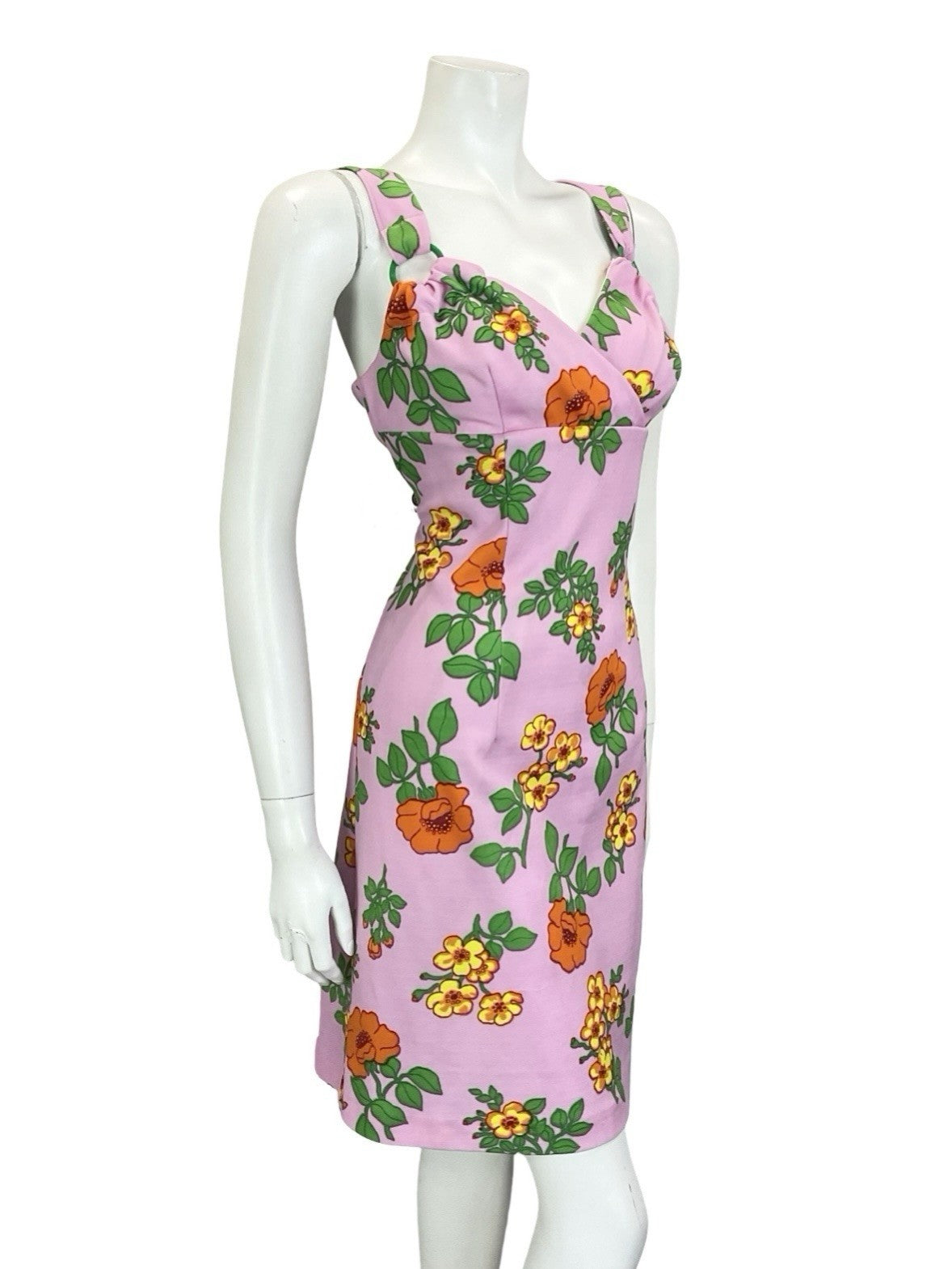 VTG 60S 70S PINK ORANGE YELLOW GREEN SWEETHEART FLORAL PLUNGE EMPIRE DRESS 14