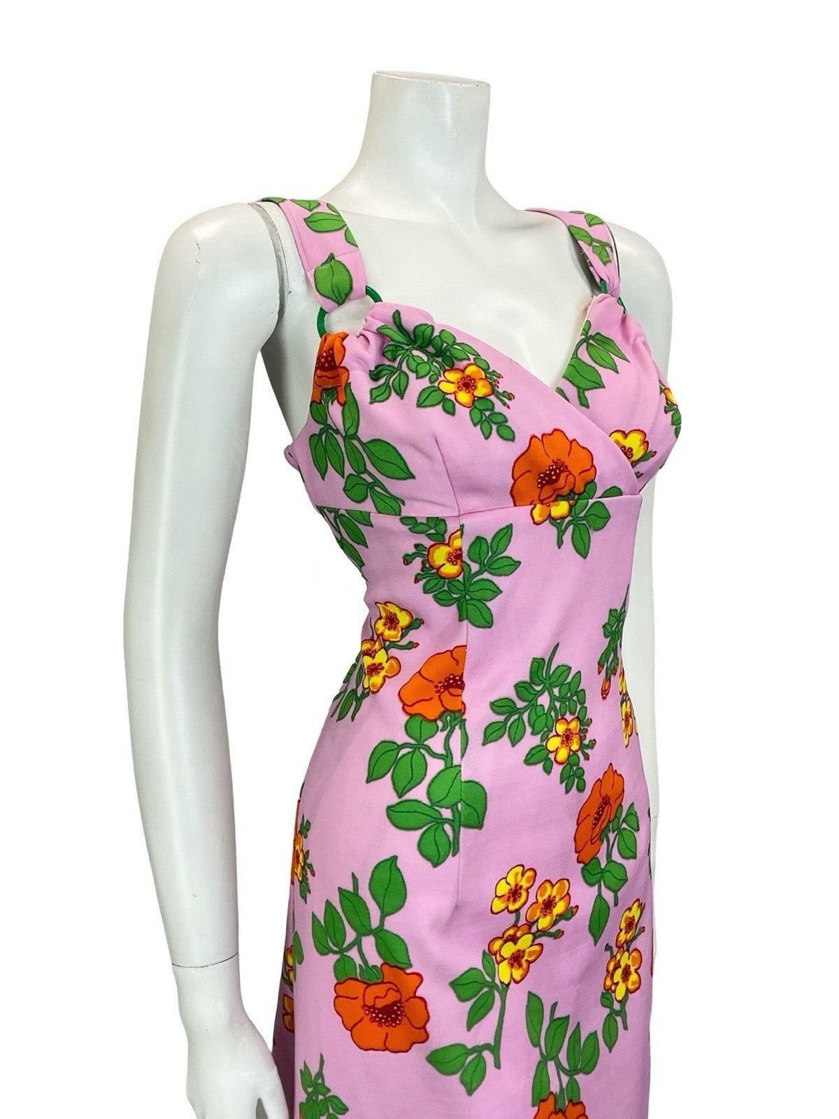 VTG 60S 70S PINK ORANGE YELLOW GREEN SWEETHEART FLORAL PLUNGE EMPIRE DRESS 14