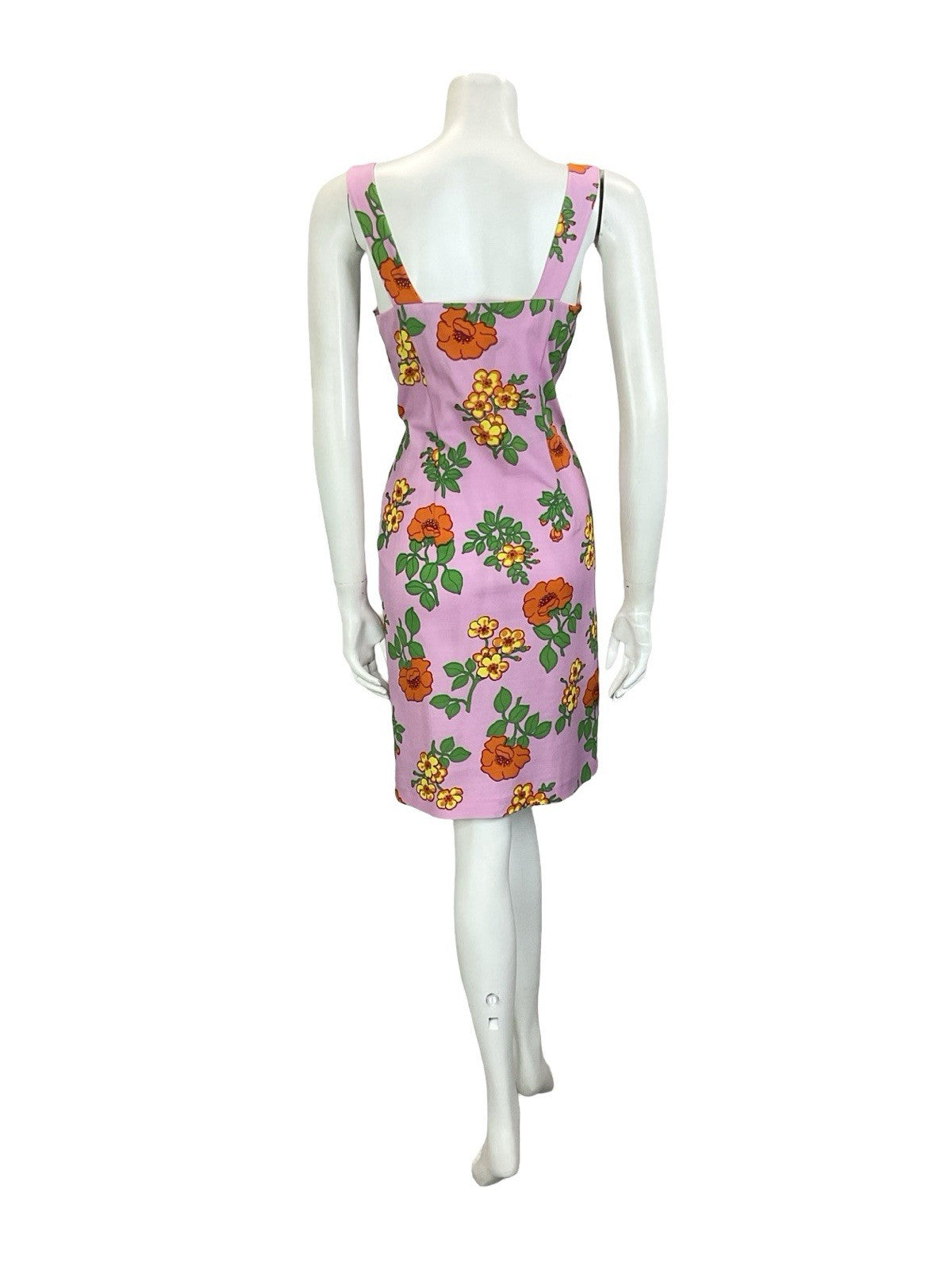 VTG 60S 70S PINK ORANGE YELLOW GREEN SWEETHEART FLORAL PLUNGE EMPIRE DRESS 14