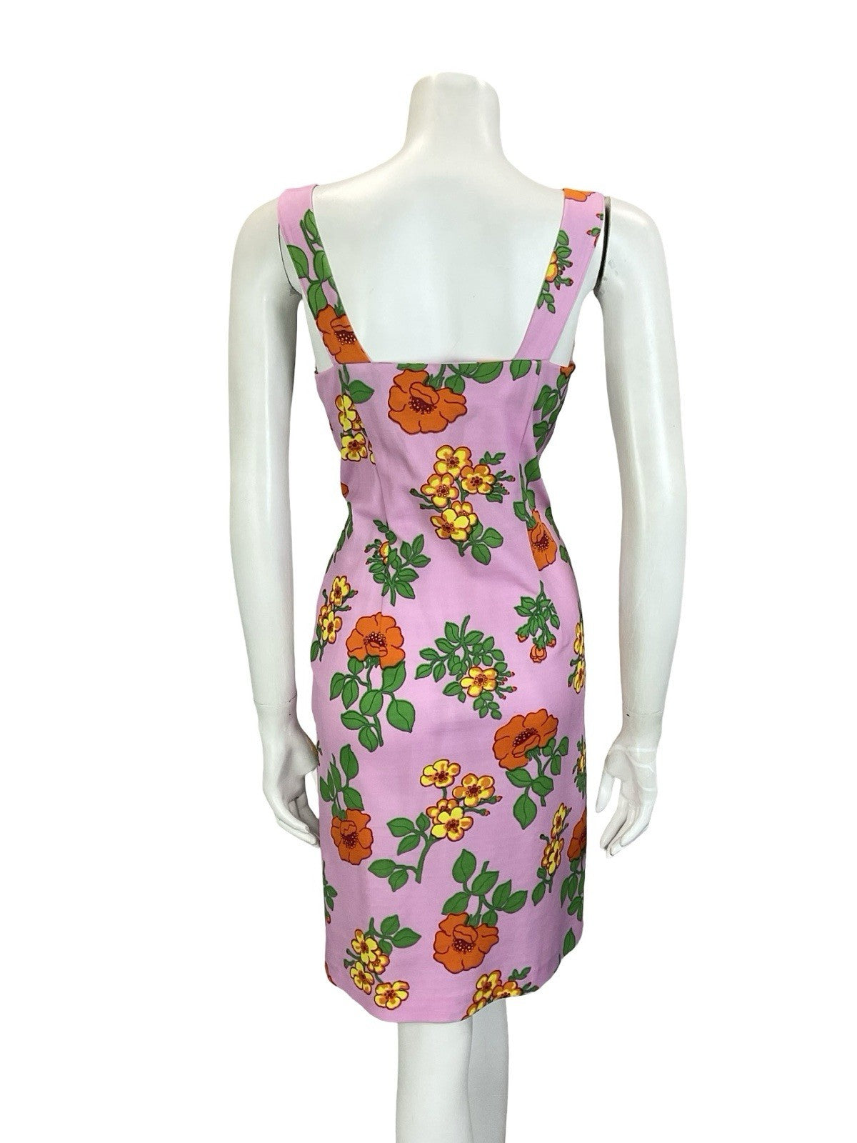 VTG 60S 70S PINK ORANGE YELLOW GREEN SWEETHEART FLORAL PLUNGE EMPIRE DRESS 14