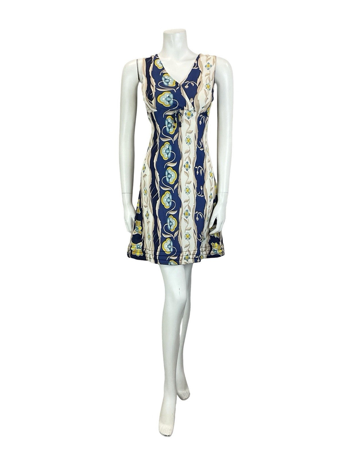 VTG 60S 70S EMPIRE PLUNGING BLUE CREAM BEIGE FLORAL PSYCHEDELIC QUILT DRESS 10