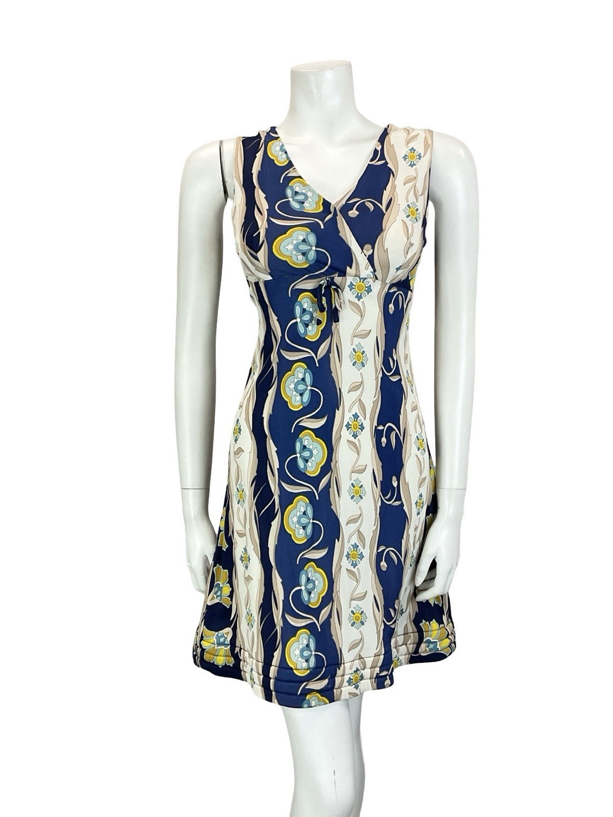 VTG 60S 70S EMPIRE PLUNGING BLUE CREAM BEIGE FLORAL PSYCHEDELIC QUILT DRESS 10