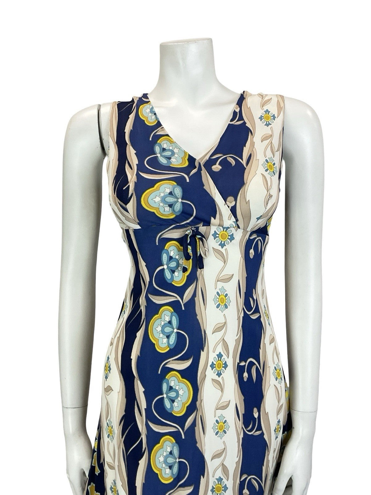 VTG 60S 70S EMPIRE PLUNGING BLUE CREAM BEIGE FLORAL PSYCHEDELIC QUILT DRESS 10