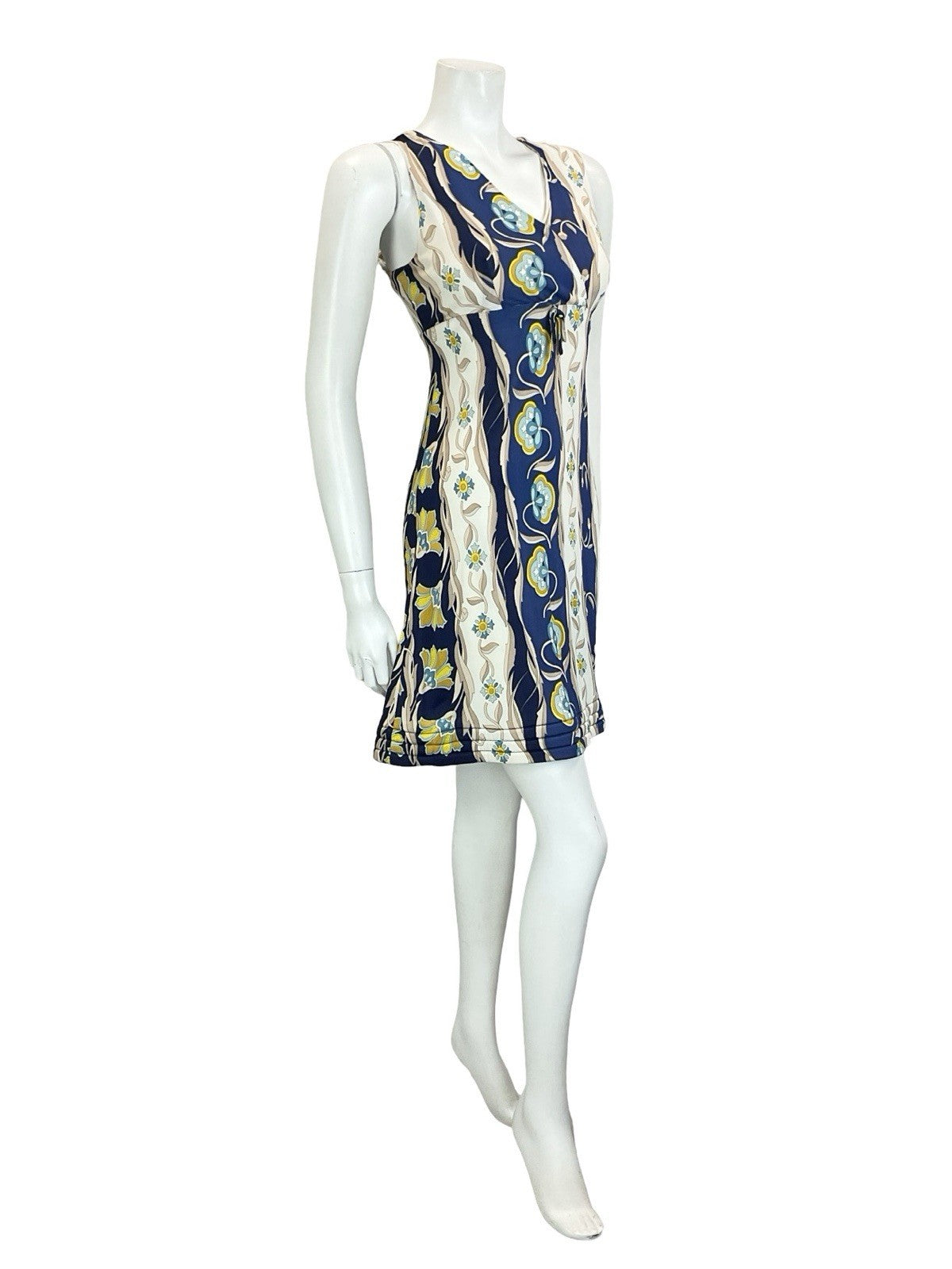 VTG 60S 70S EMPIRE PLUNGING BLUE CREAM BEIGE FLORAL PSYCHEDELIC QUILT DRESS 10
