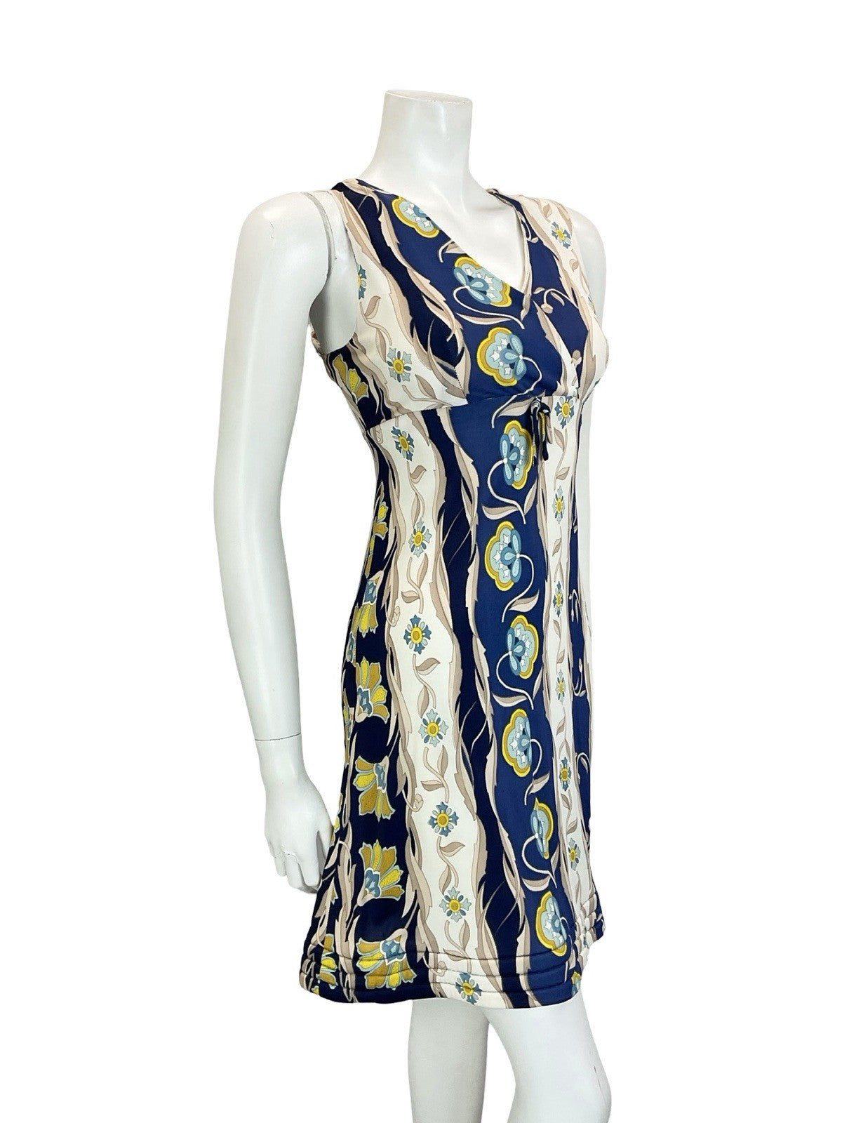 VTG 60S 70S EMPIRE PLUNGING BLUE CREAM BEIGE FLORAL PSYCHEDELIC QUILT DRESS 10