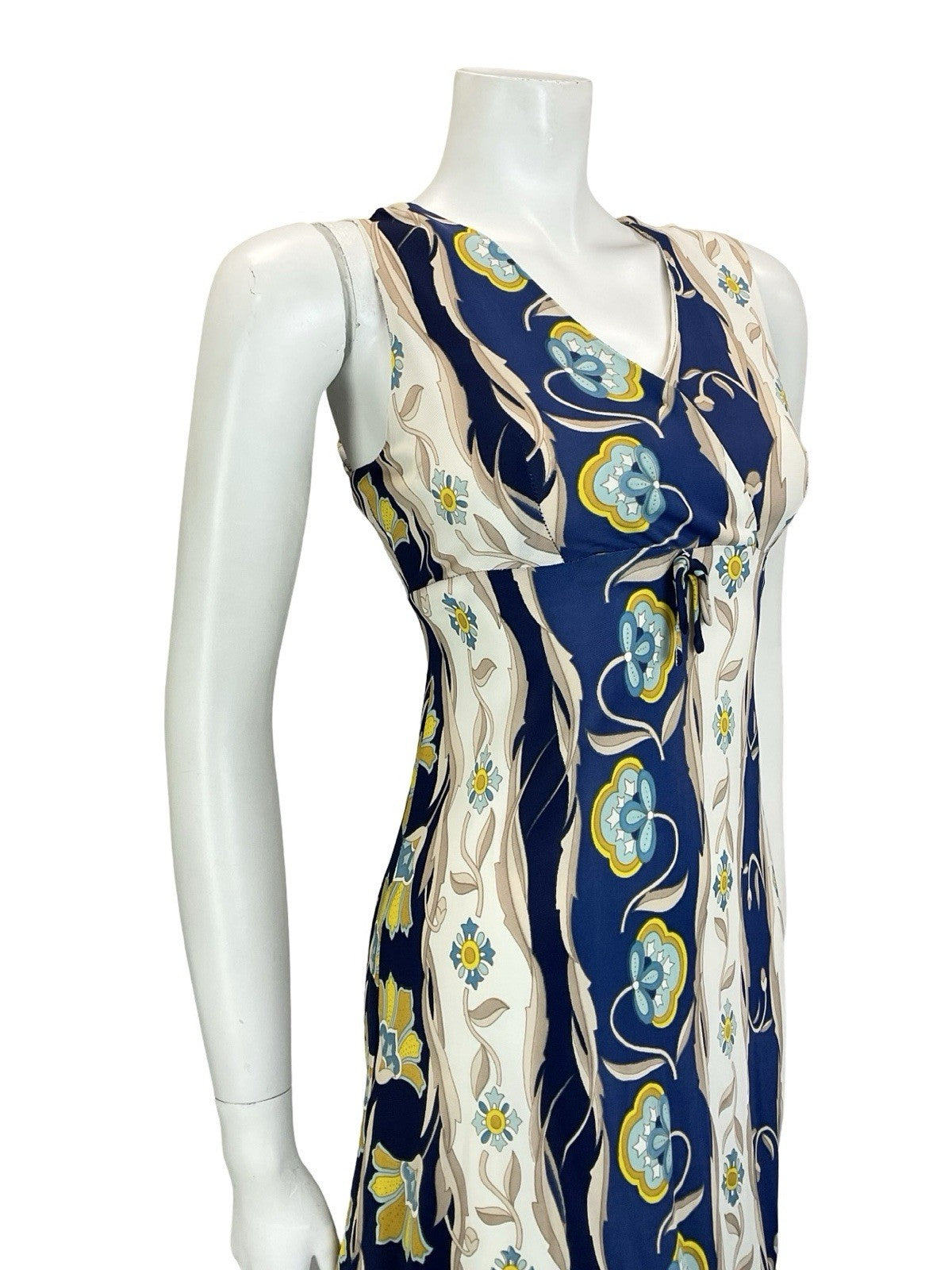 VTG 60S 70S EMPIRE PLUNGING BLUE CREAM BEIGE FLORAL PSYCHEDELIC QUILT DRESS 10