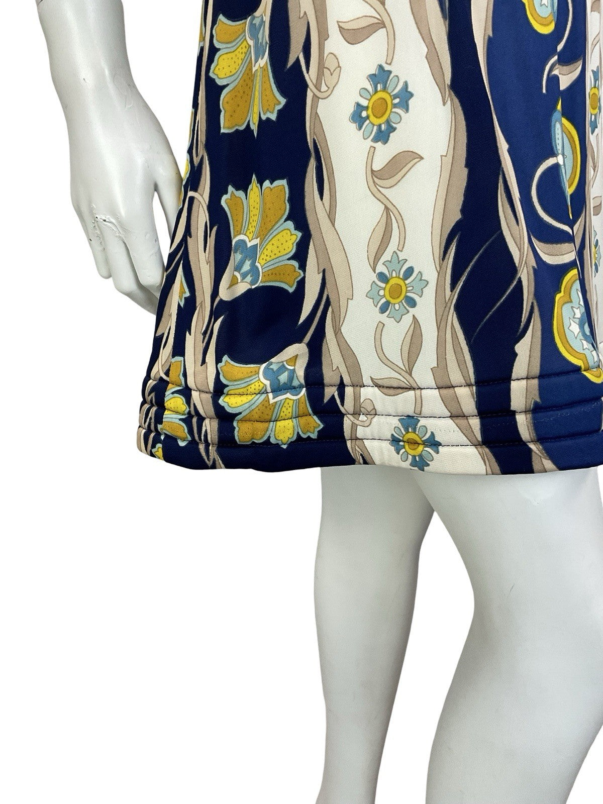 VTG 60S 70S EMPIRE PLUNGING BLUE CREAM BEIGE FLORAL PSYCHEDELIC QUILT DRESS 10