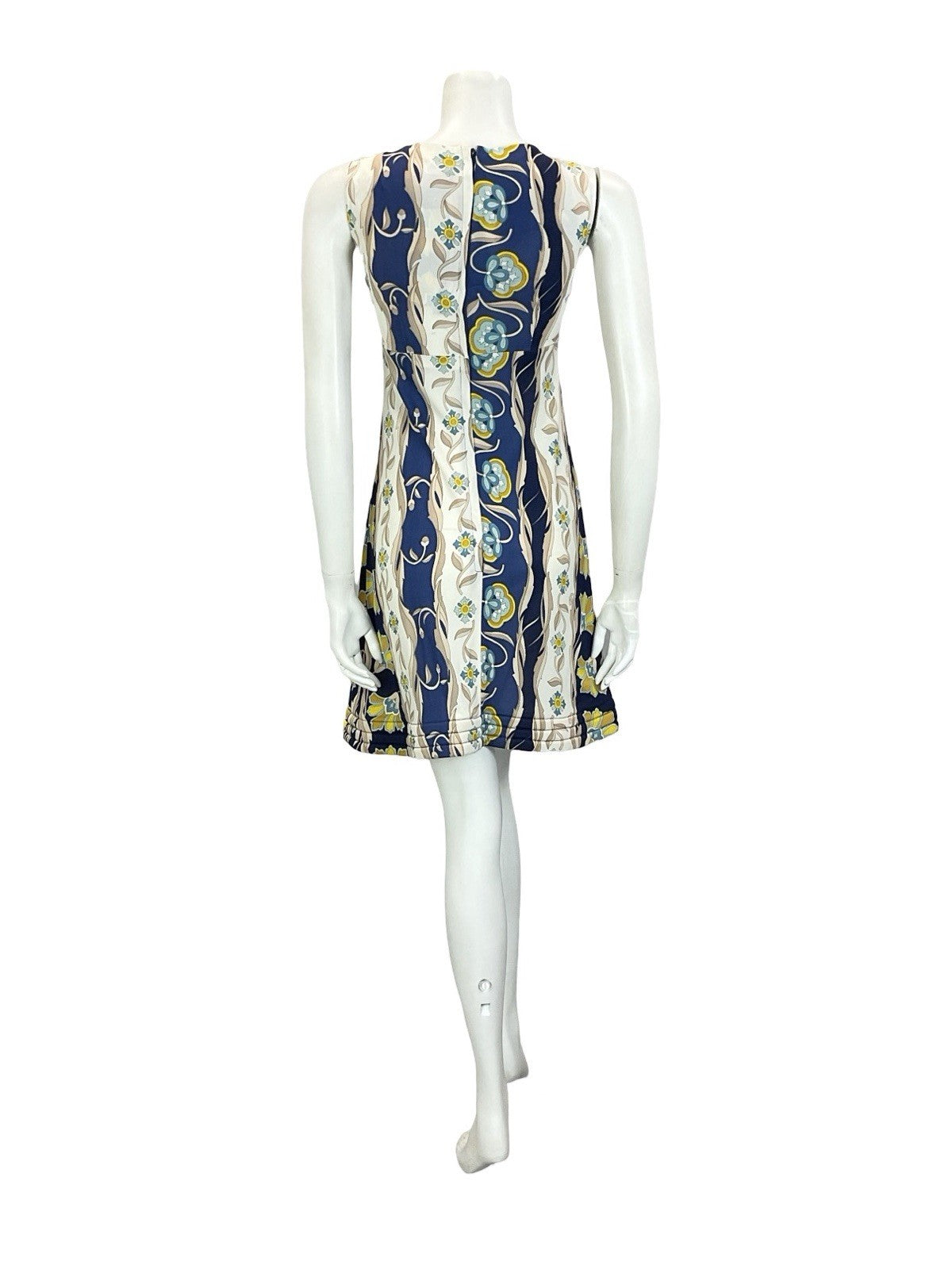 VTG 60S 70S EMPIRE PLUNGING BLUE CREAM BEIGE FLORAL PSYCHEDELIC QUILT DRESS 10