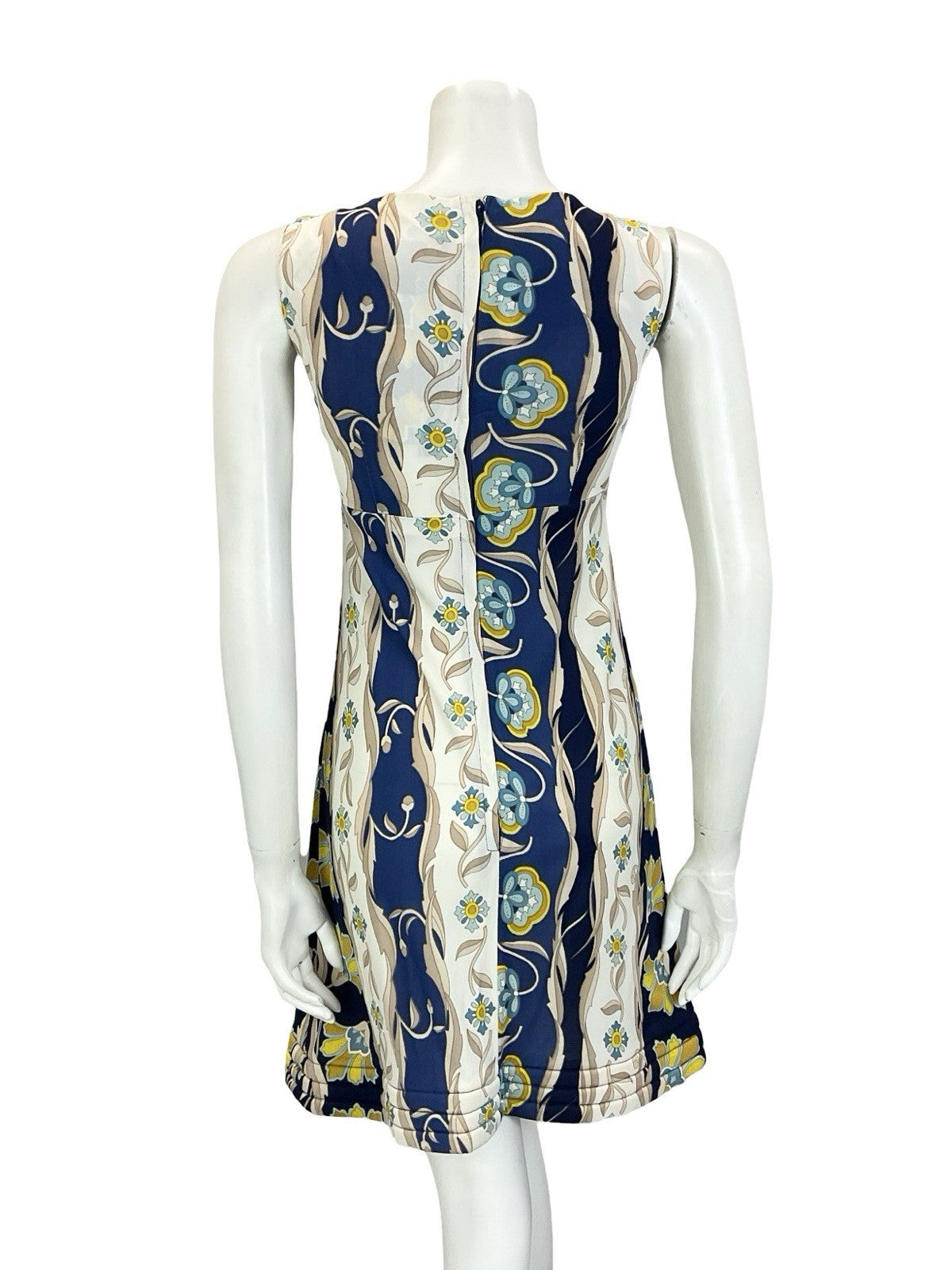 VTG 60S 70S EMPIRE PLUNGING BLUE CREAM BEIGE FLORAL PSYCHEDELIC QUILT DRESS 10