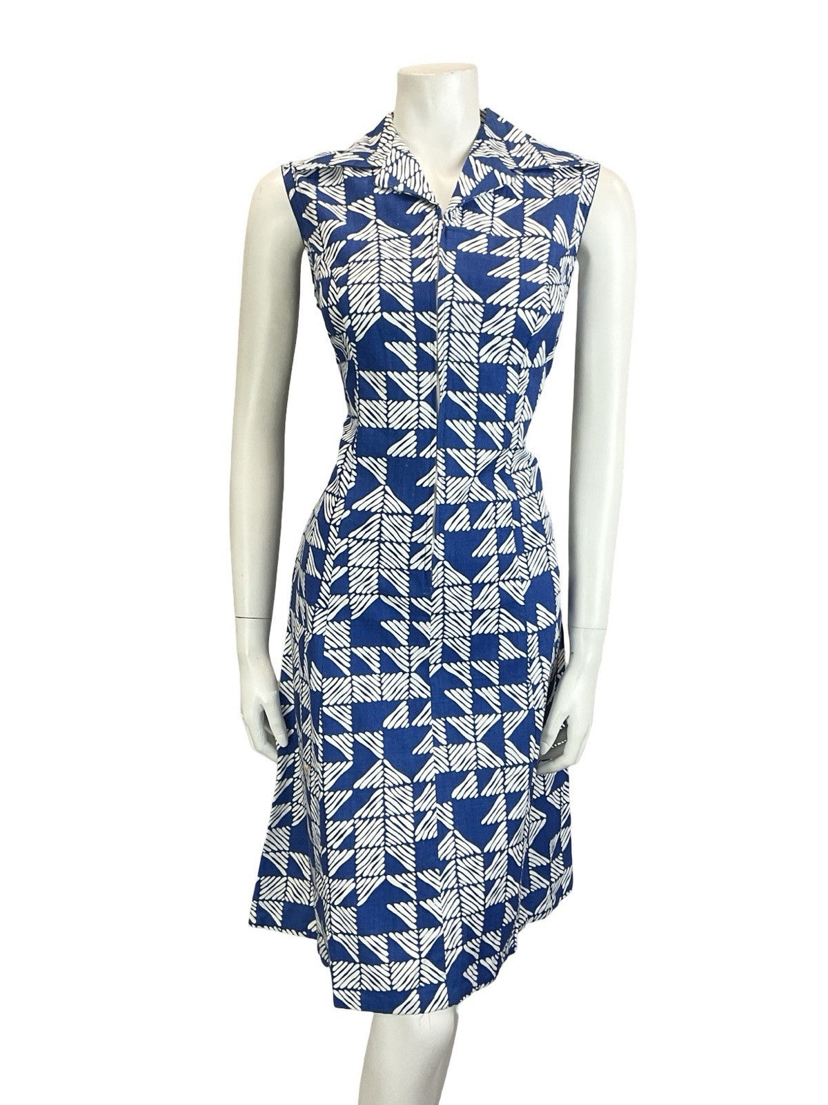 VTG 60S 70S NAVY BLUE STRIPED TILED GEOMETRIC ZIP UP COTTON SHIRT DRESS 10 12