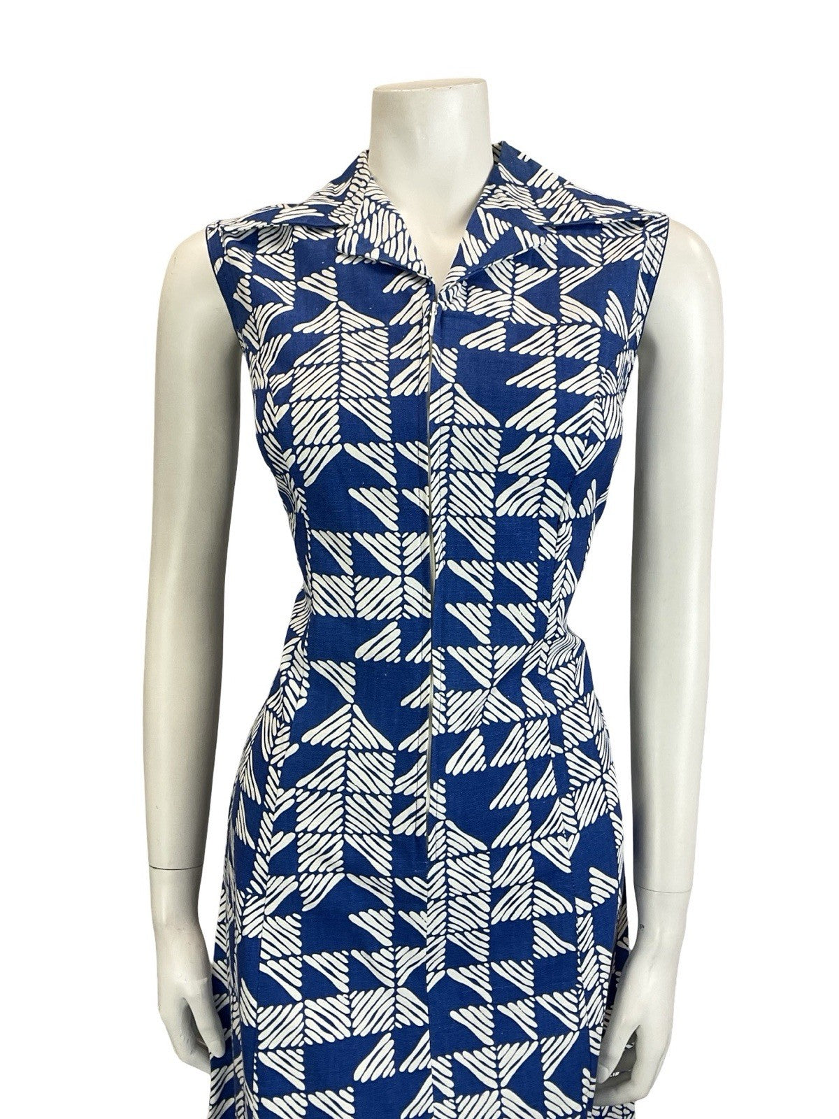 VTG 60S 70S NAVY BLUE STRIPED TILED GEOMETRIC ZIP UP COTTON SHIRT DRESS 10 12