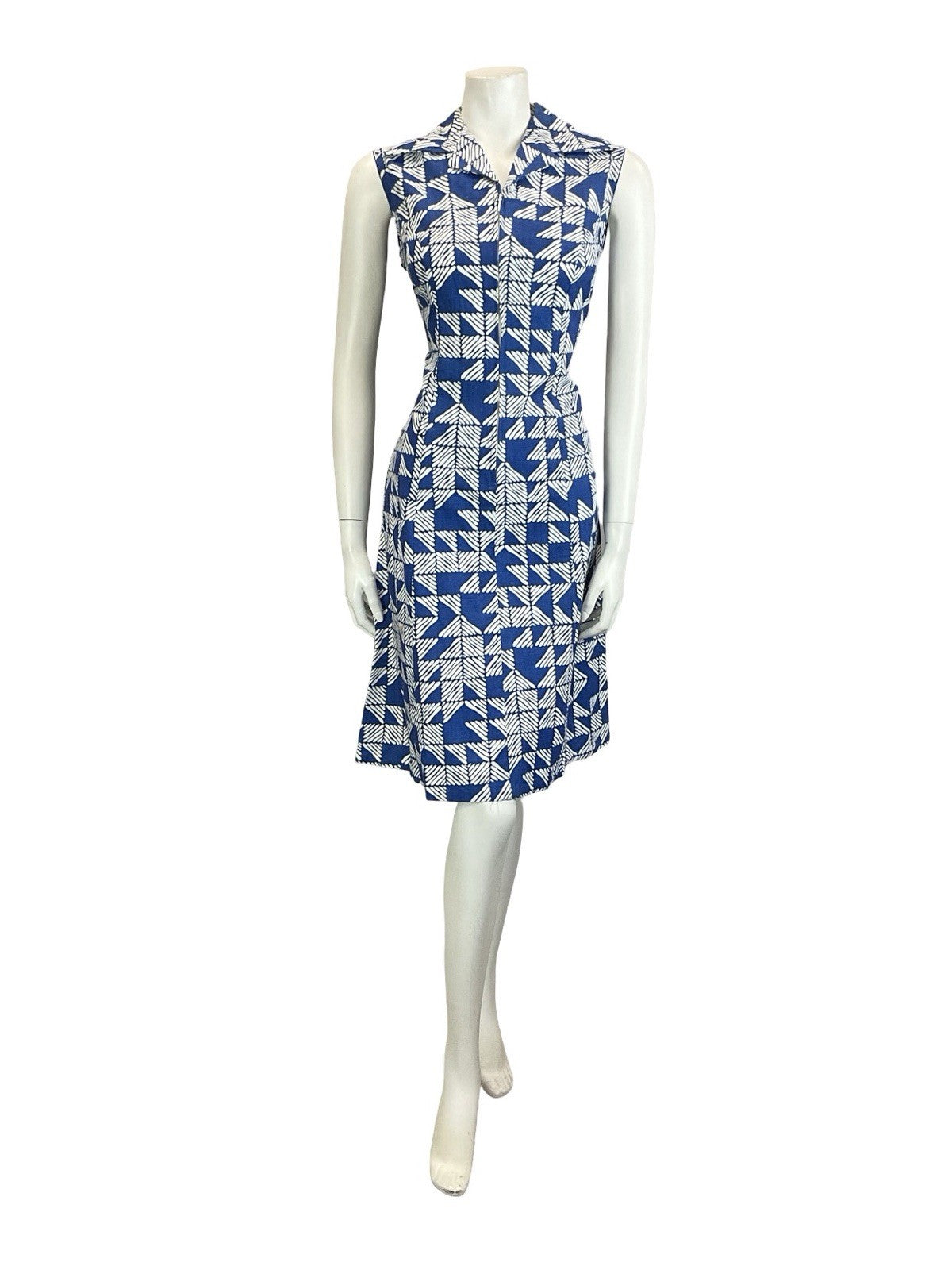 VTG 60S 70S NAVY BLUE STRIPED TILED GEOMETRIC ZIP UP COTTON SHIRT DRESS 10 12