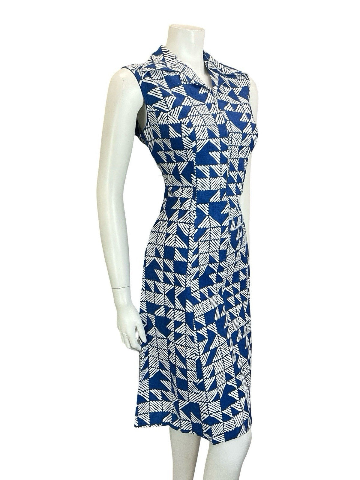 VTG 60S 70S NAVY BLUE STRIPED TILED GEOMETRIC ZIP UP COTTON SHIRT DRESS 10 12