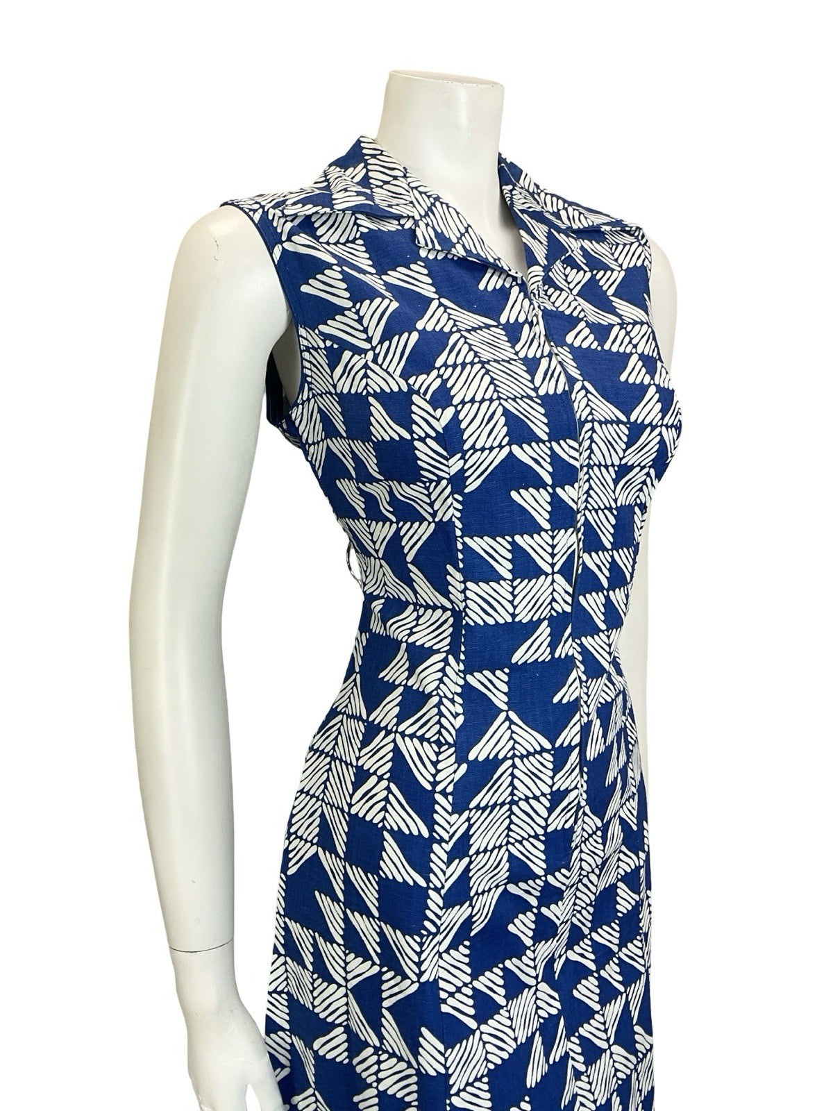 VTG 60S 70S NAVY BLUE STRIPED TILED GEOMETRIC ZIP UP COTTON SHIRT DRESS 10 12