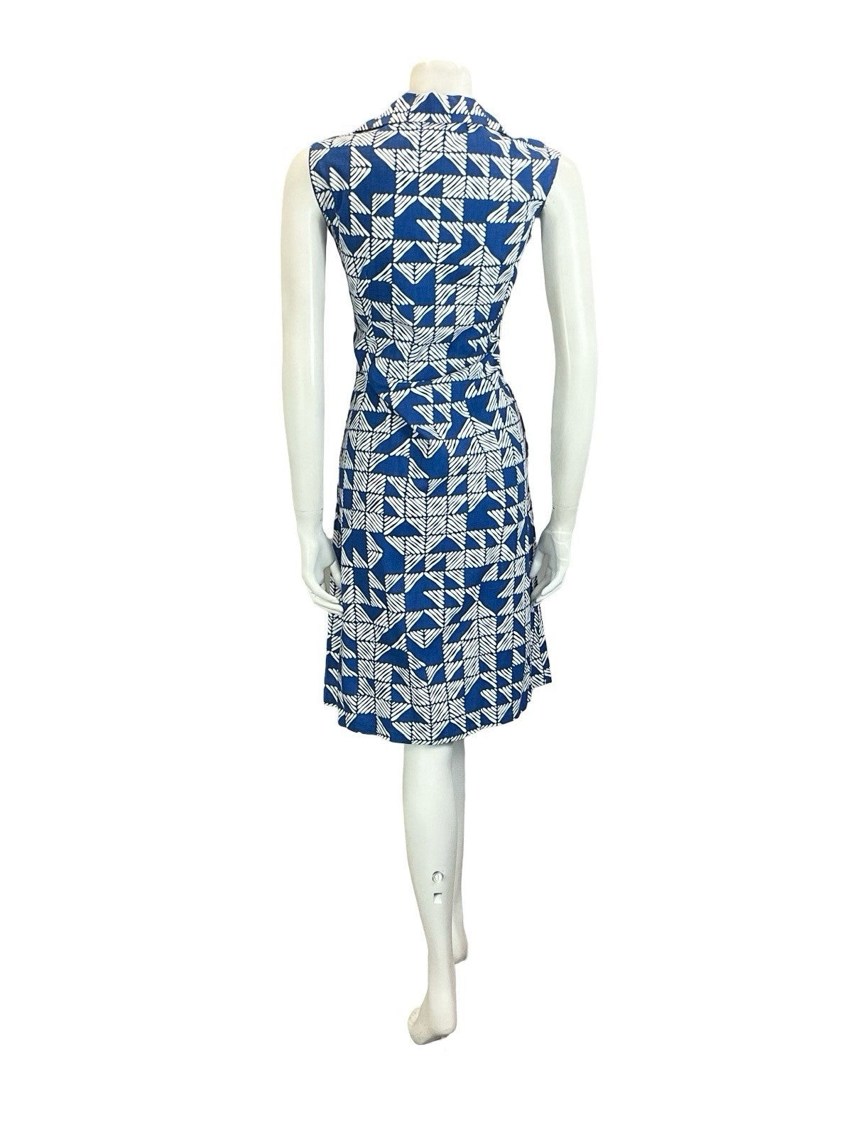VTG 60S 70S NAVY BLUE STRIPED TILED GEOMETRIC ZIP UP COTTON SHIRT DRESS 10 12