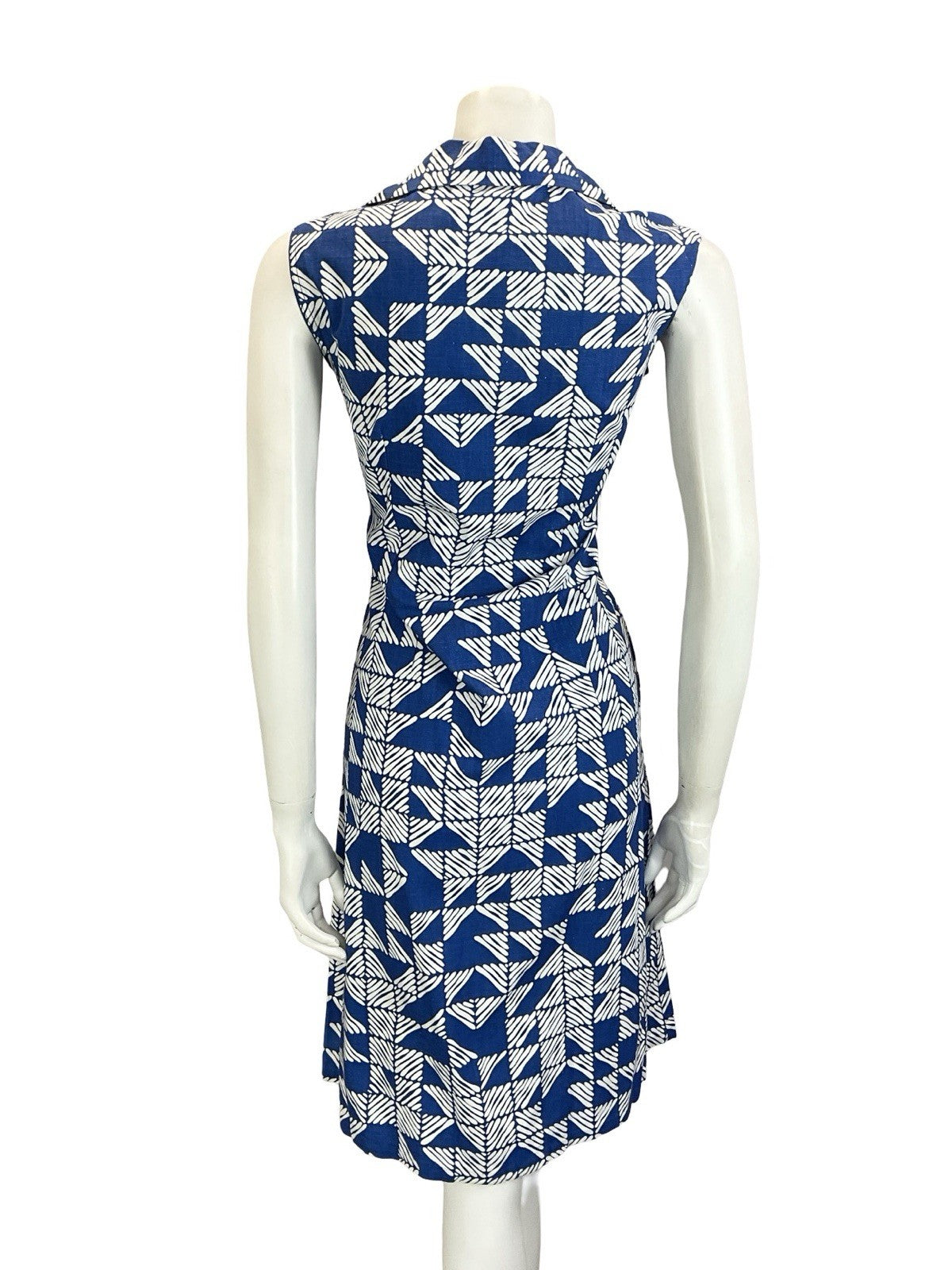 VTG 60S 70S NAVY BLUE STRIPED TILED GEOMETRIC ZIP UP COTTON SHIRT DRESS 10 12
