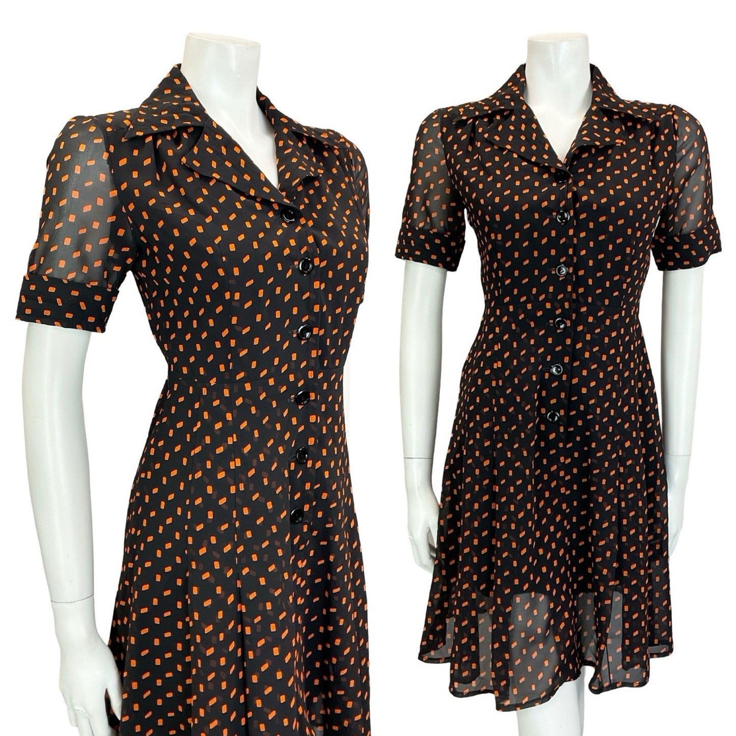 VTG 90S DOES 70S BLACK ORANGE GEOMETRIC PLEATED JOHNNY COLLAR SHIRT DRESS 4