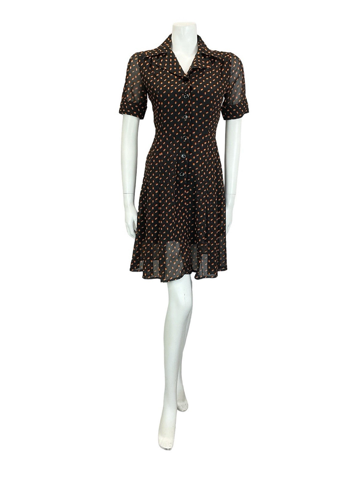 VTG 90S DOES 70S BLACK ORANGE GEOMETRIC PLEATED JOHNNY COLLAR SHIRT DRESS 4