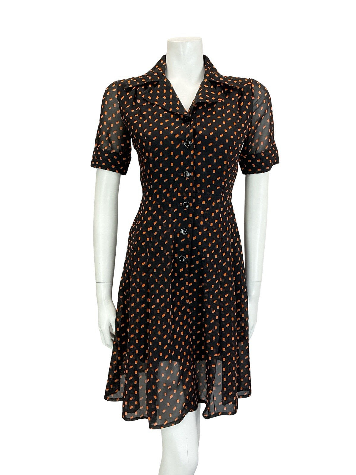 VTG 90S DOES 70S BLACK ORANGE GEOMETRIC PLEATED JOHNNY COLLAR SHIRT DRESS 4
