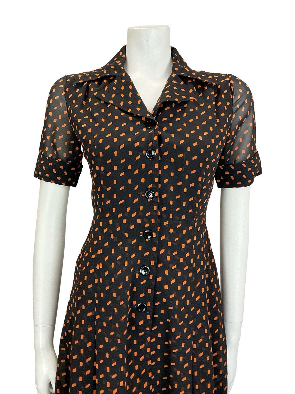 VTG 90S DOES 70S BLACK ORANGE GEOMETRIC PLEATED JOHNNY COLLAR SHIRT DRESS 4