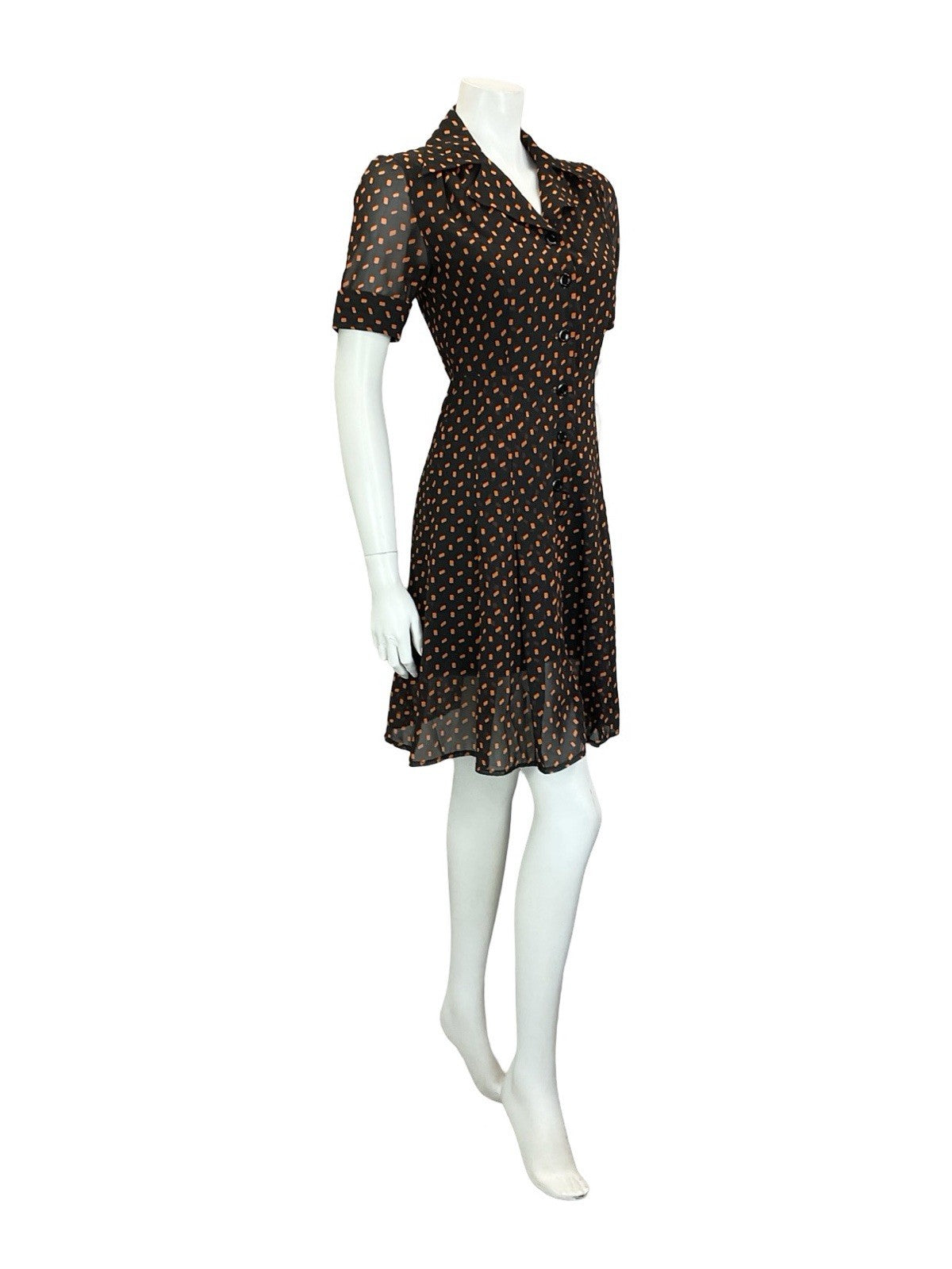 VTG 90S DOES 70S BLACK ORANGE GEOMETRIC PLEATED JOHNNY COLLAR SHIRT DRESS 4