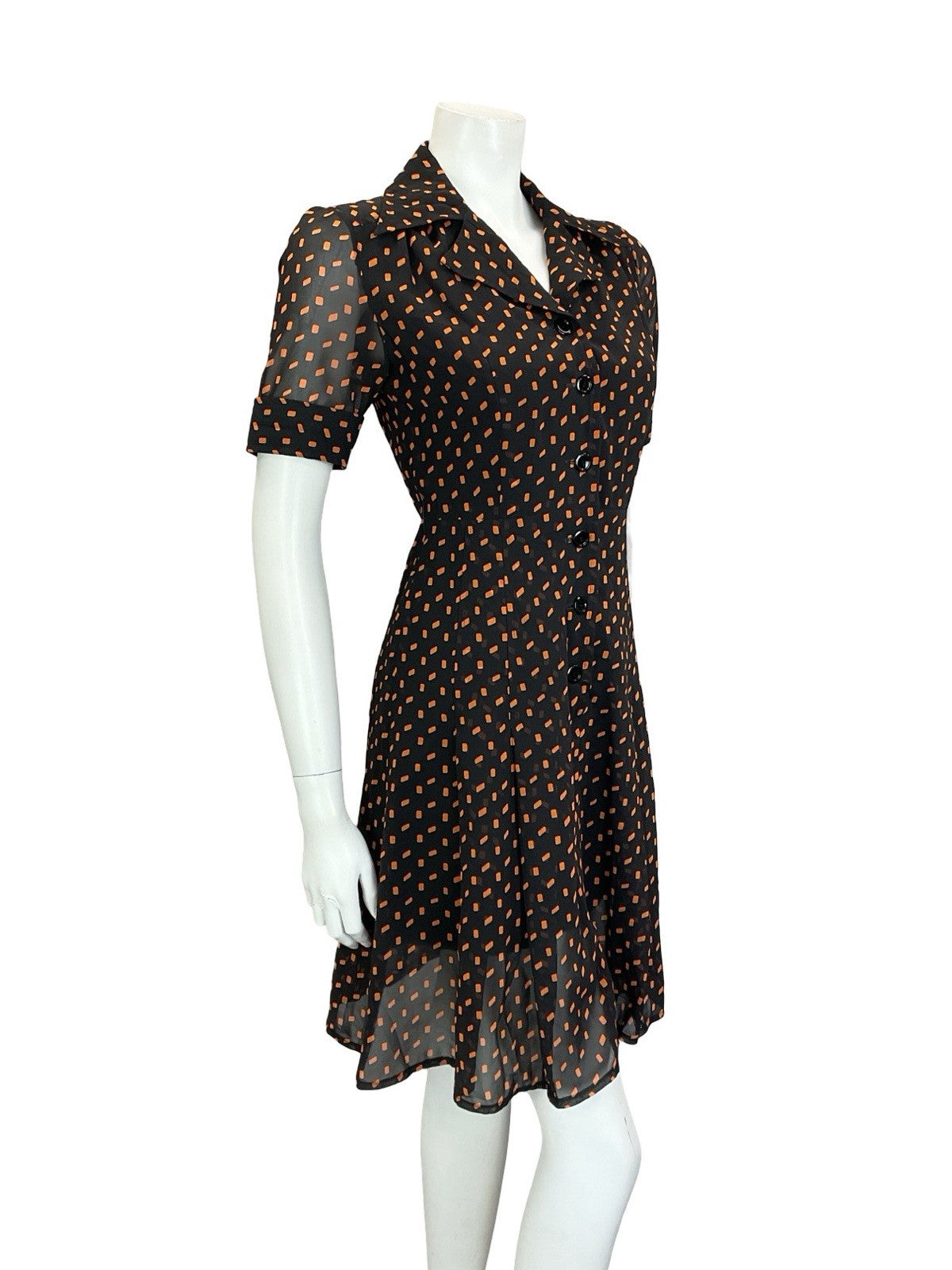 VTG 90S DOES 70S BLACK ORANGE GEOMETRIC PLEATED JOHNNY COLLAR SHIRT DRESS 4