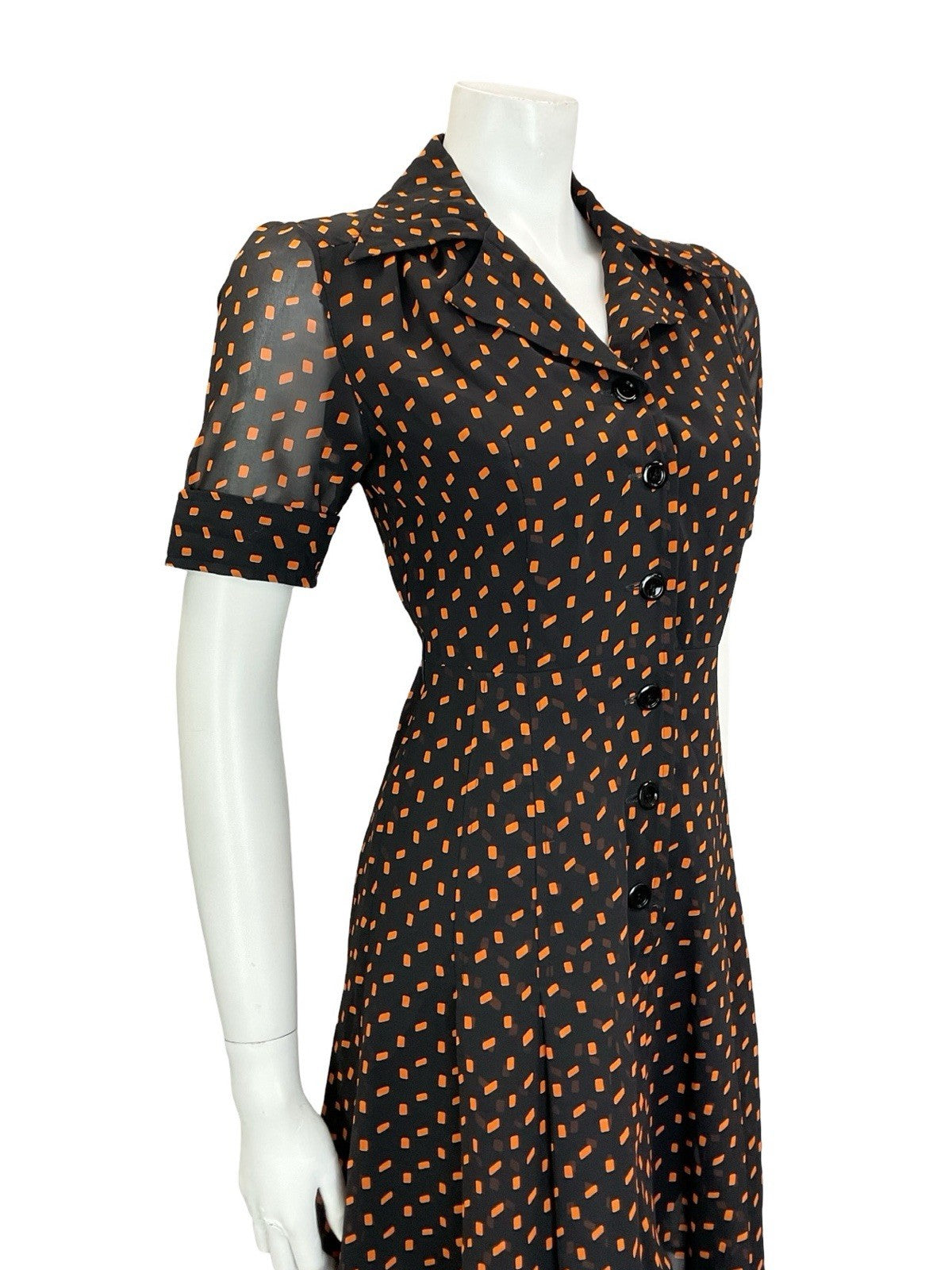 VTG 90S DOES 70S BLACK ORANGE GEOMETRIC PLEATED JOHNNY COLLAR SHIRT DRESS 4