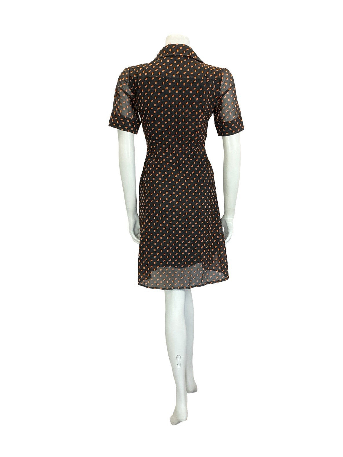 VTG 90S DOES 70S BLACK ORANGE GEOMETRIC PLEATED JOHNNY COLLAR SHIRT DRESS 4