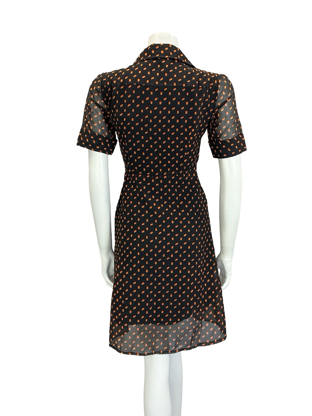 VTG 90S DOES 70S BLACK ORANGE GEOMETRIC PLEATED JOHNNY COLLAR SHIRT DRESS 4