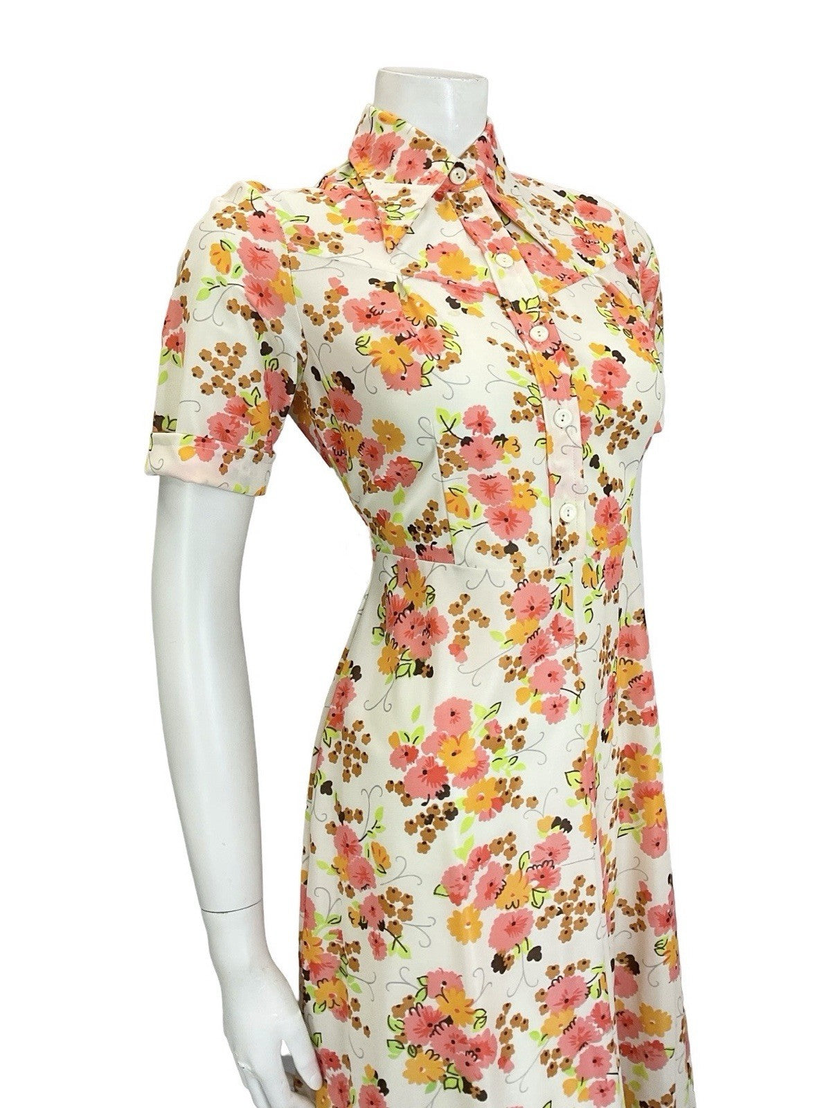 VTG 60S 70S MOD WHITE ORANGE PINK BROWN FORAL DAGGER A LINE SHIRT DRESS 10