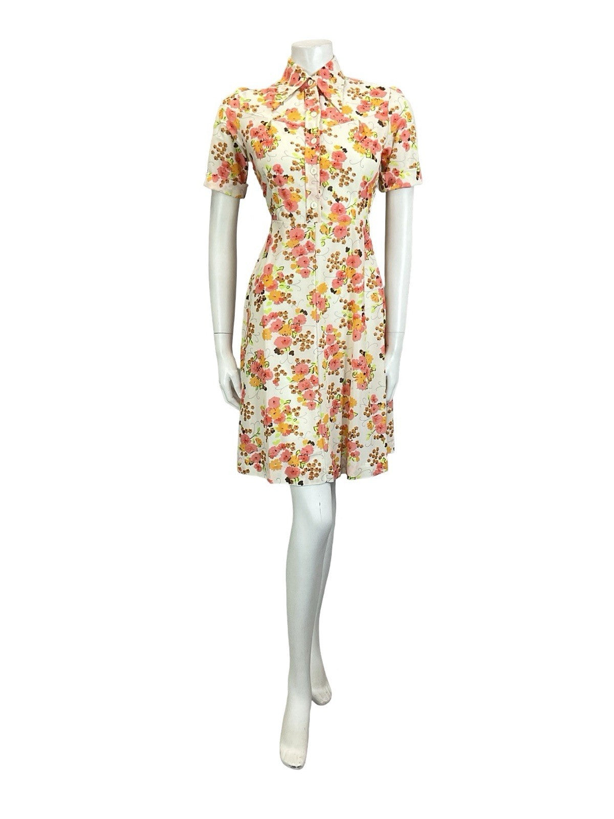 VTG 60S 70S MOD WHITE ORANGE PINK BROWN FORAL DAGGER A LINE SHIRT DRESS 10
