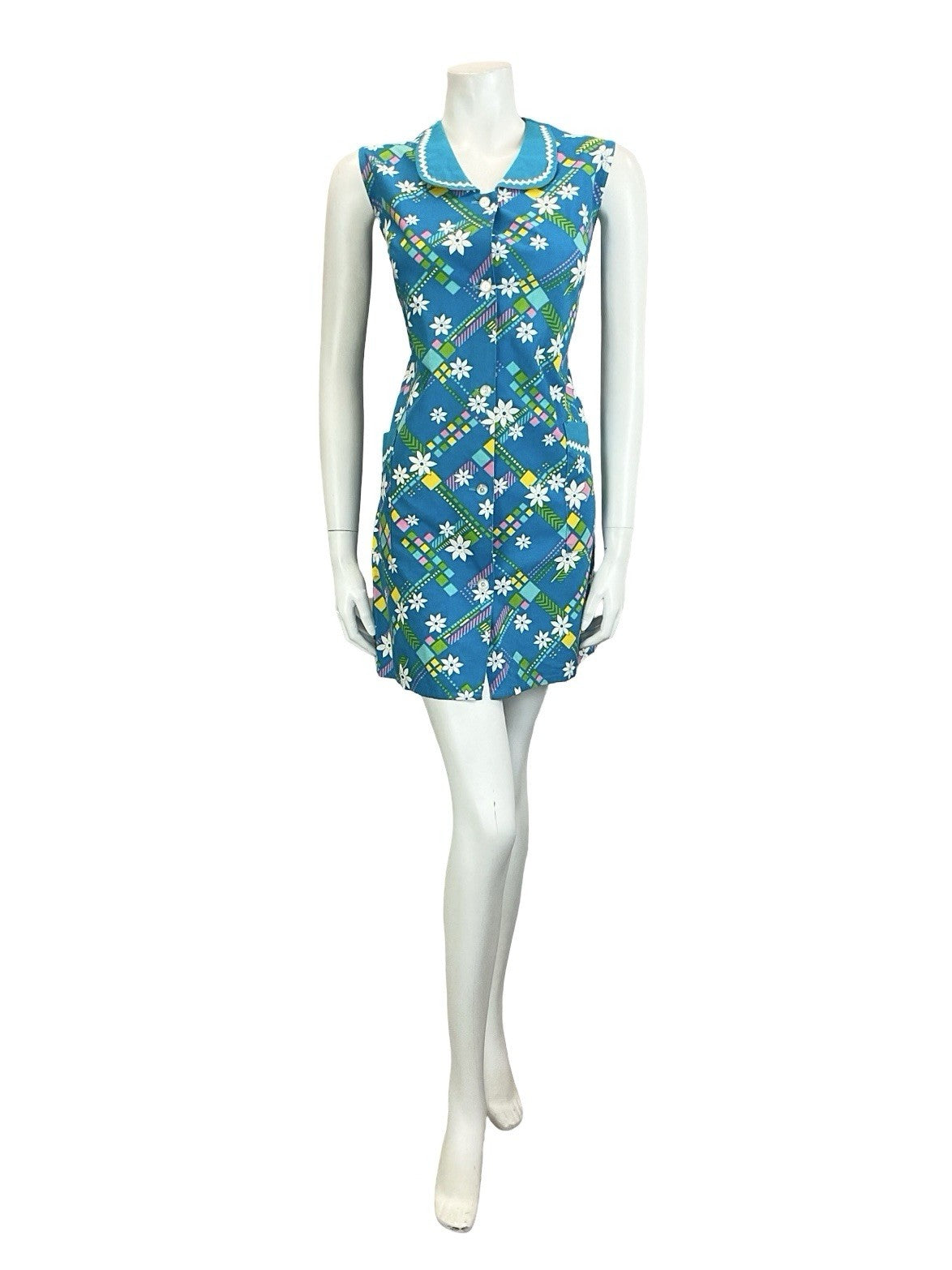 VTG 60S BLUE WHITE YELLOW FLORAL GEOMETRIC PETER PAN COLLAR SHIFT DRESS 16