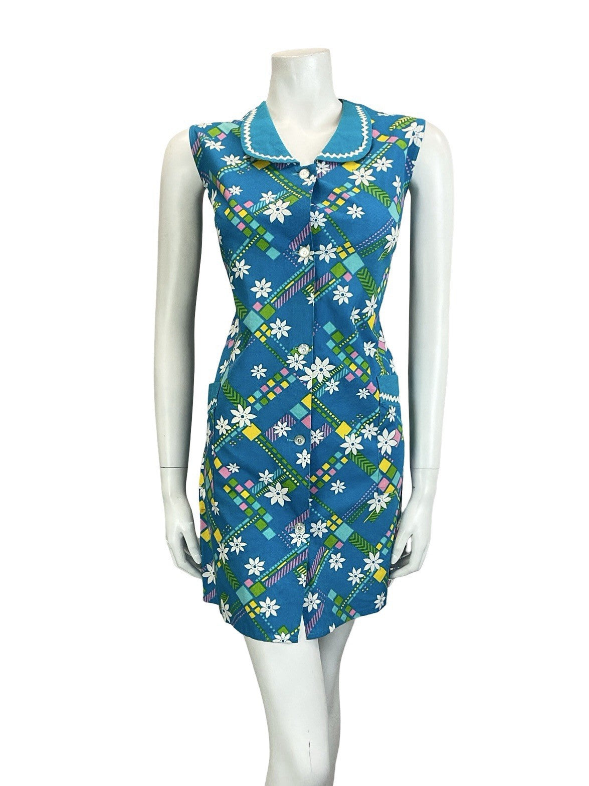 VTG 60S BLUE WHITE YELLOW FLORAL GEOMETRIC PETER PAN COLLAR SHIFT DRESS 16