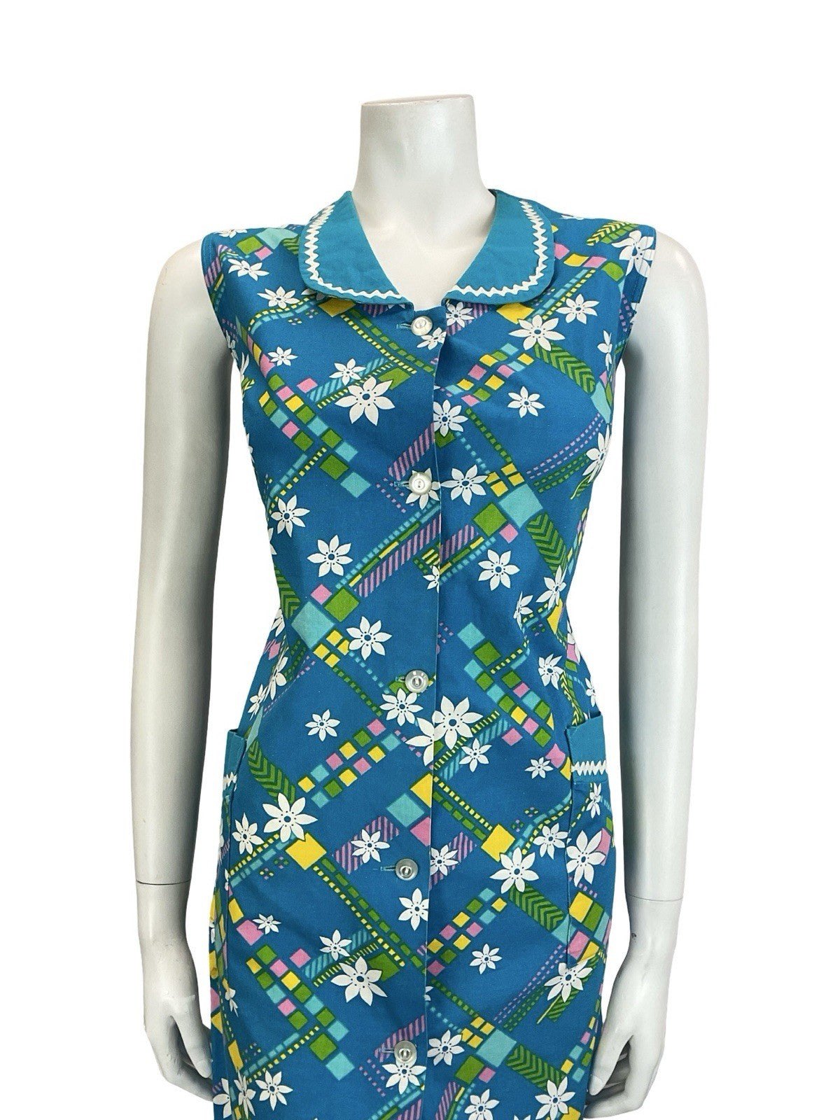 VTG 60S BLUE WHITE YELLOW FLORAL GEOMETRIC PETER PAN COLLAR SHIFT DRESS 16