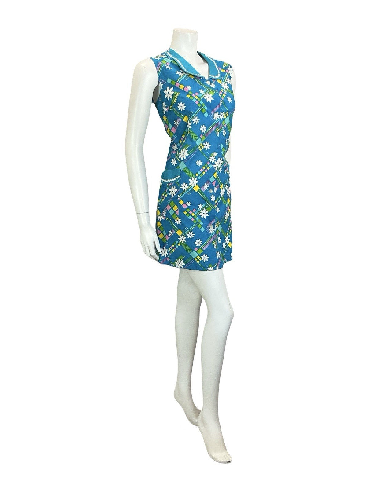 VTG 60S BLUE WHITE YELLOW FLORAL GEOMETRIC PETER PAN COLLAR SHIFT DRESS 16