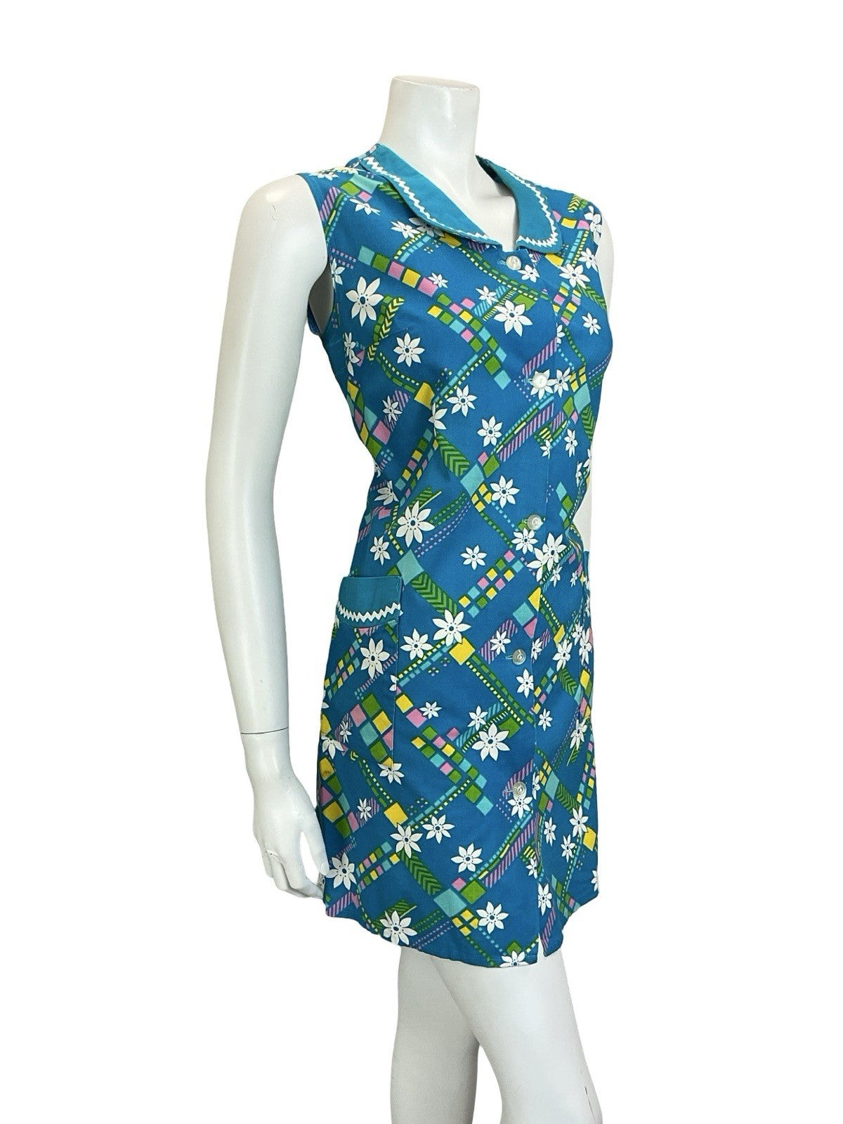 VTG 60S BLUE WHITE YELLOW FLORAL GEOMETRIC PETER PAN COLLAR SHIFT DRESS 16