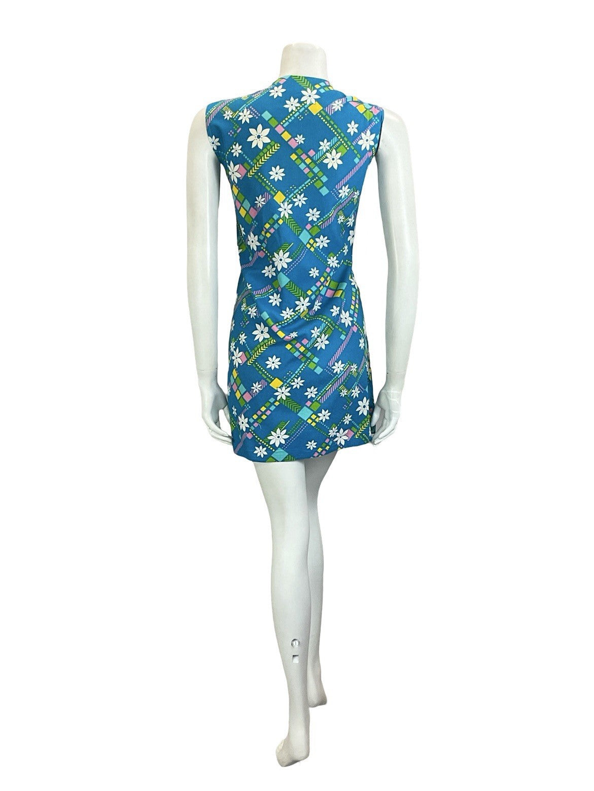 VTG 60S BLUE WHITE YELLOW FLORAL GEOMETRIC PETER PAN COLLAR SHIFT DRESS 16