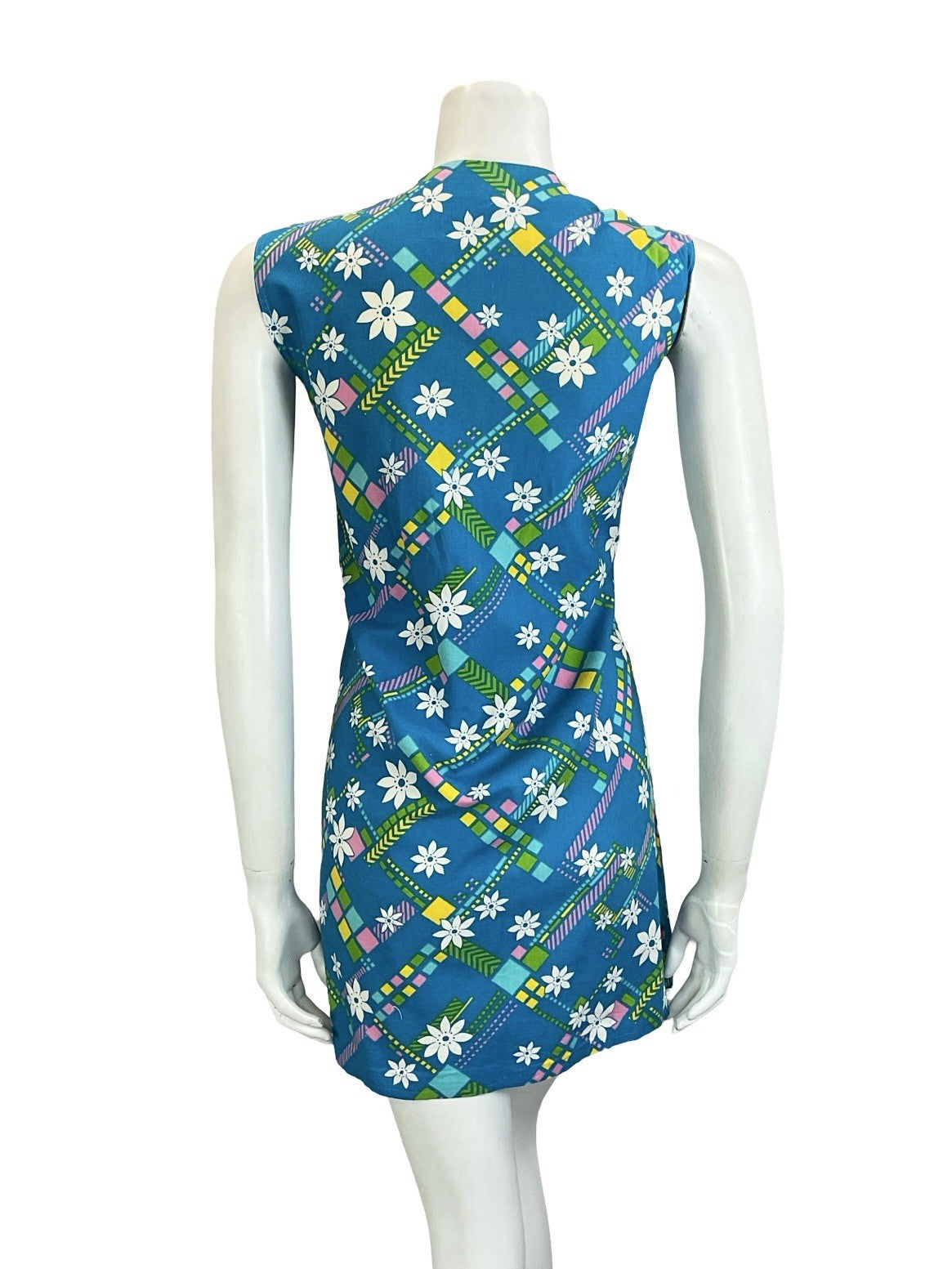VTG 60S BLUE WHITE YELLOW FLORAL GEOMETRIC PETER PAN COLLAR SHIFT DRESS 16