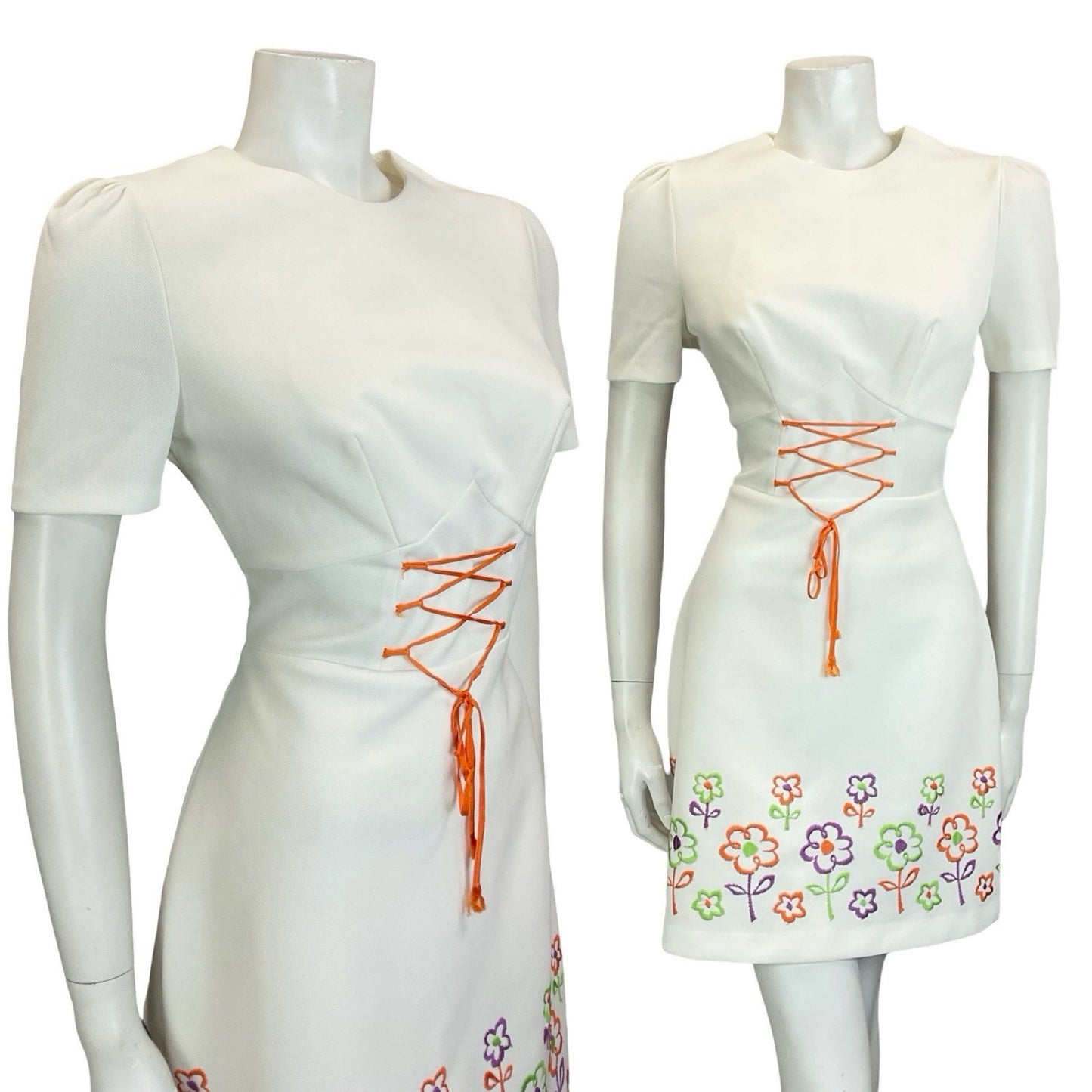 VTG 60S 70S WHITE ORANGE PURPLE GREEN FLORAL LACE UP RIC RAC MINI DRESS 12 14 M