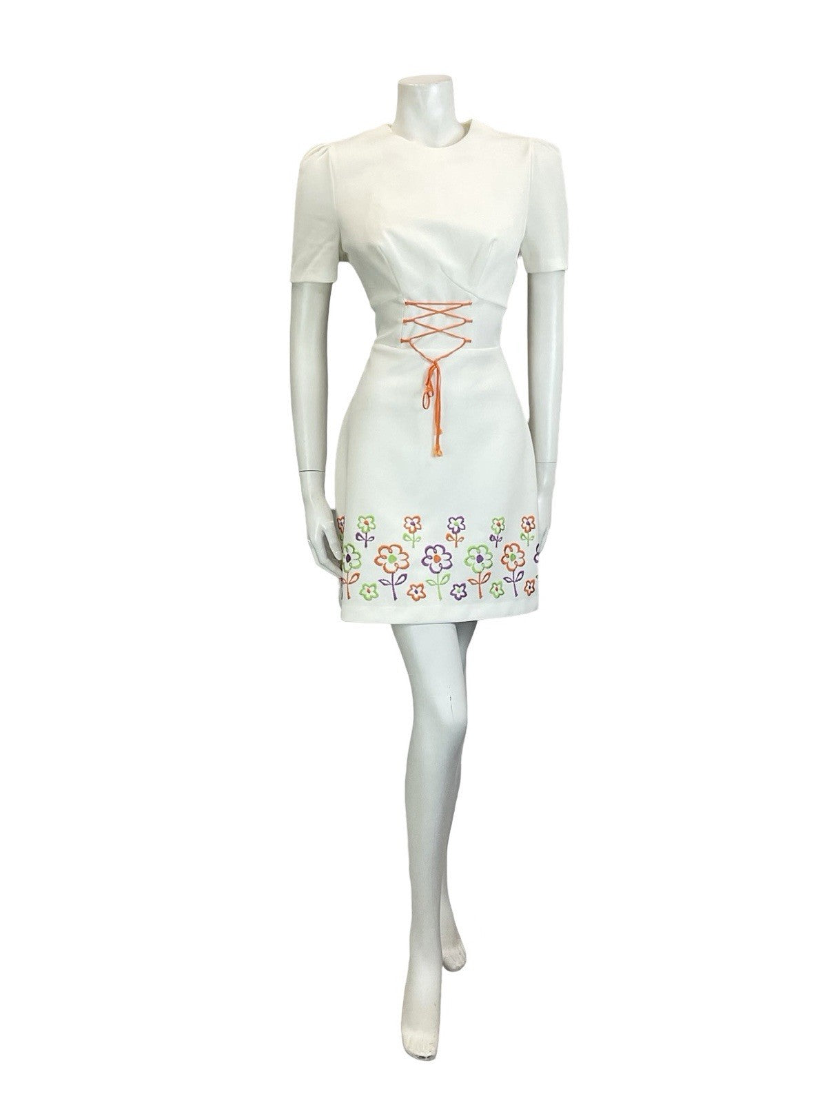 VTG 60S 70S WHITE ORANGE PURPLE GREEN FLORAL LACE UP RIC RAC MINI DRESS 12 14 M