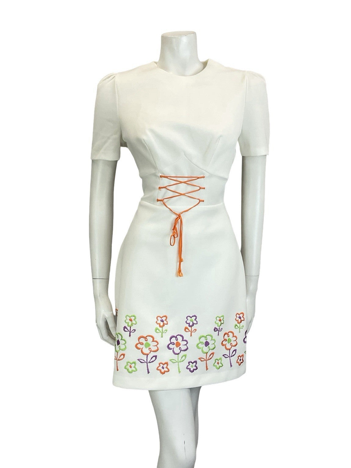 VTG 60S 70S WHITE ORANGE PURPLE GREEN FLORAL LACE UP RIC RAC MINI DRESS 12 14 M